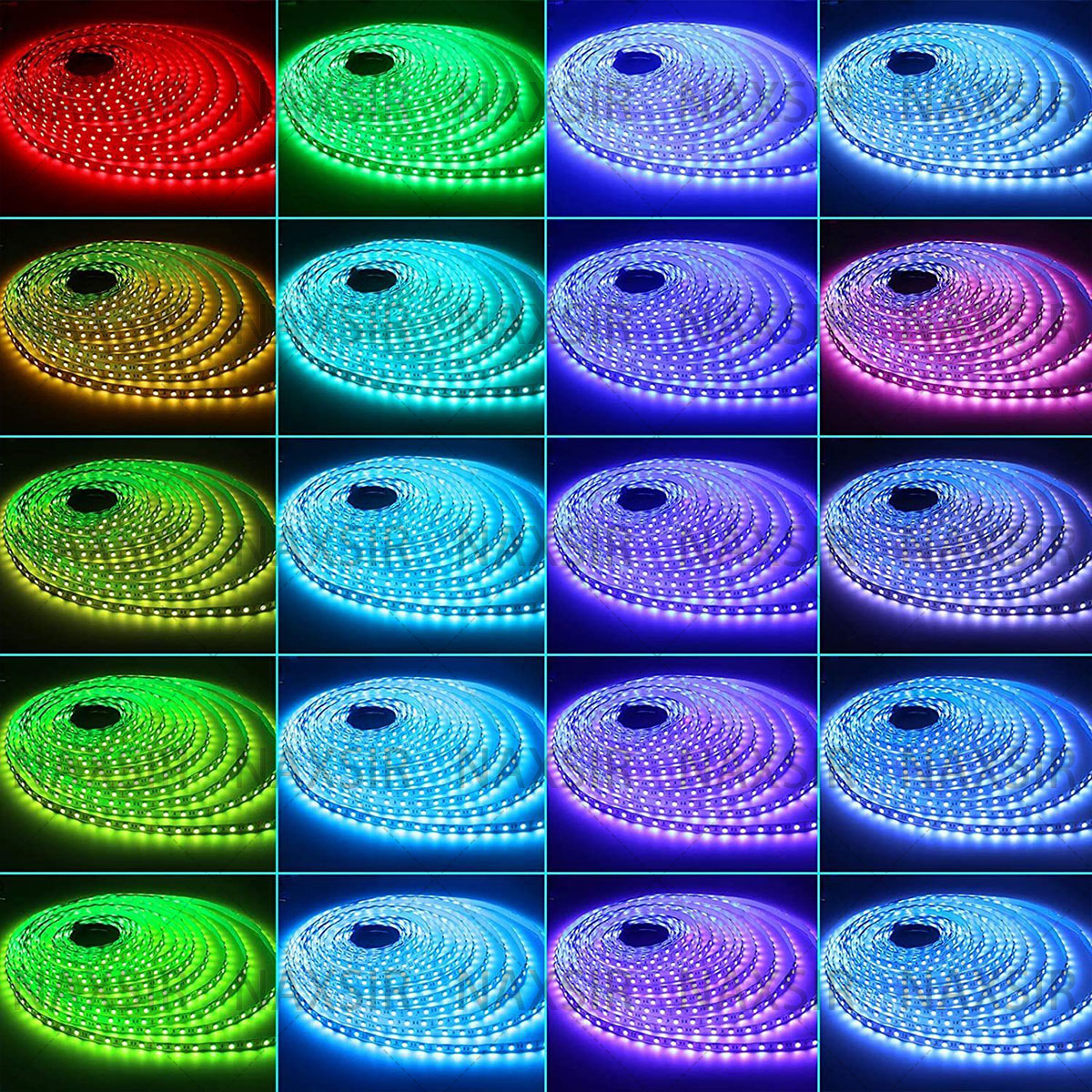 Anordnung von LED-Lichtstreifen in verschiedenen Farben, in Spulen angeordnet.