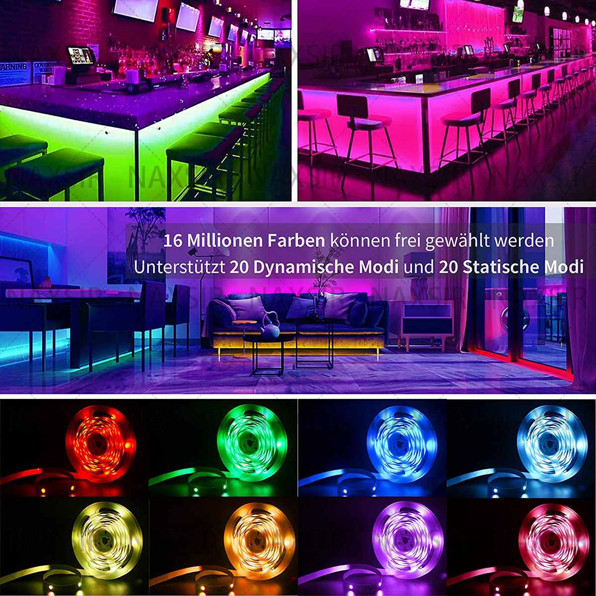 Mehrere Bilder einer Bar mit farbenfroher LED-Beleuchtung. Verschiedene Szenen.