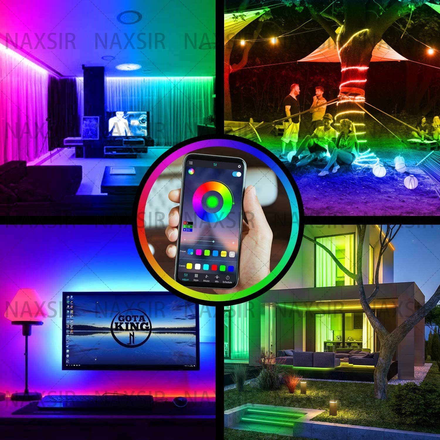 Eine Collage von Szenen, die LED-Streifenlichter in verschiedenen Umgebungen zeigen, darunter ein Wohnzimmer und im Freien.