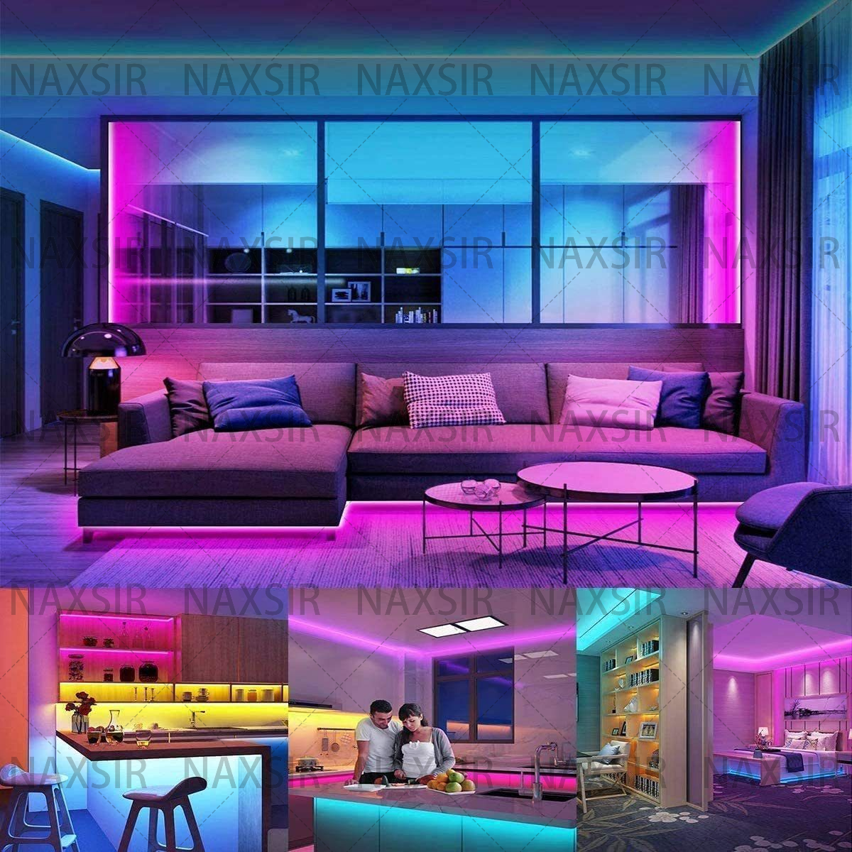 Räume mit farbigen LED-Streifen. Küche, Wohnzimmer, Schlafzimmer.