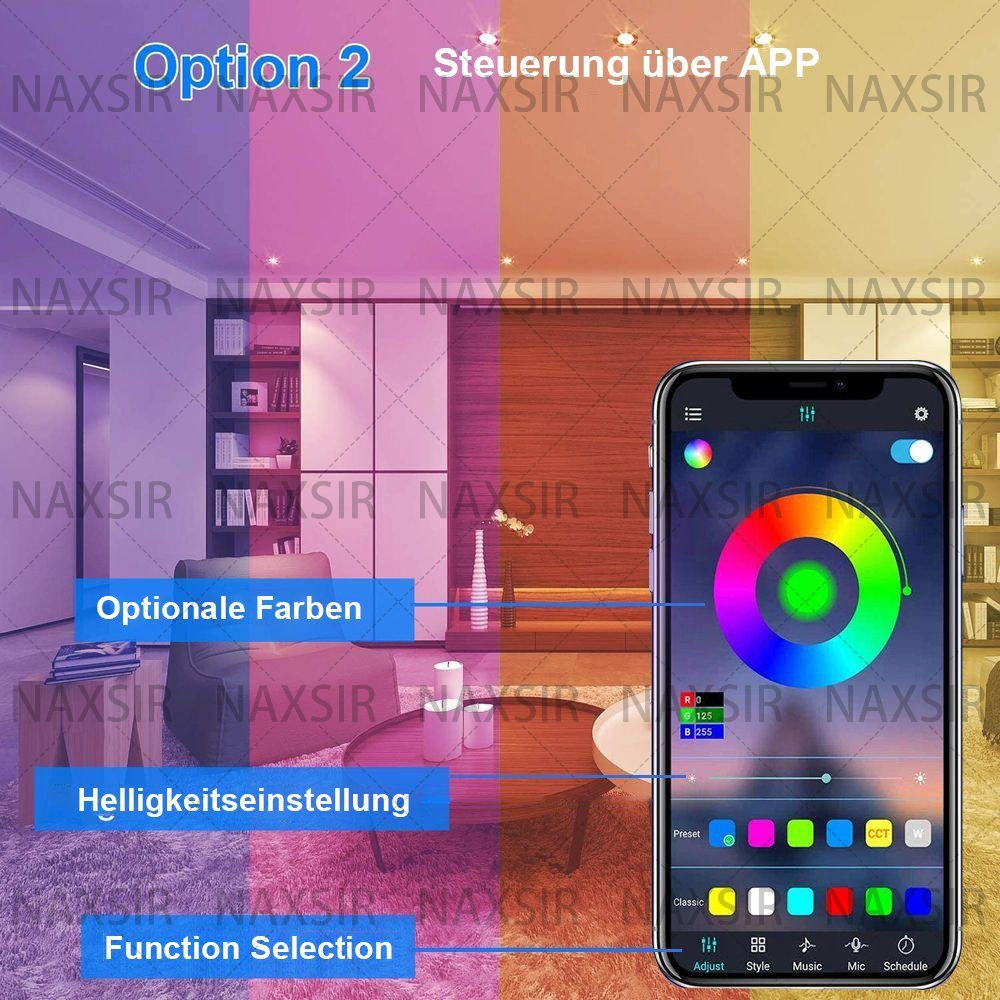 Eine Innenraum-Szene mit farbenfroher Beleuchtung, gesteuert von einem Telefon. Optionen für Farbauswahl und Helligkeit.