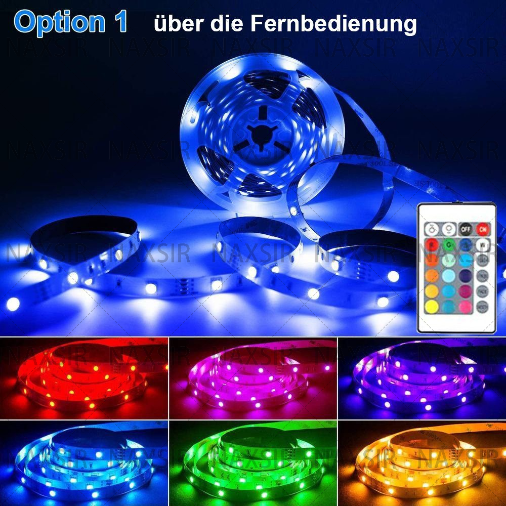 LED-Streifen mit verschiedenen Farben, eine Fernbedienung wird angezeigt.