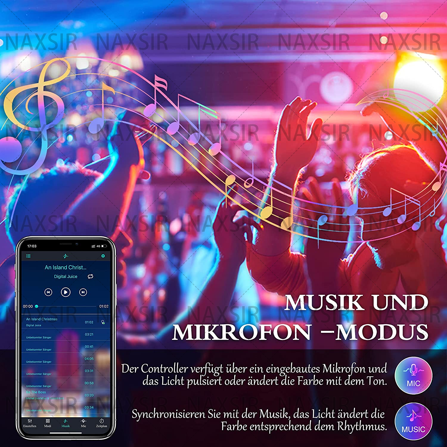 Bild eines Telefons, das farbige Lichter, eine Konzertszenen und Noten steuert.