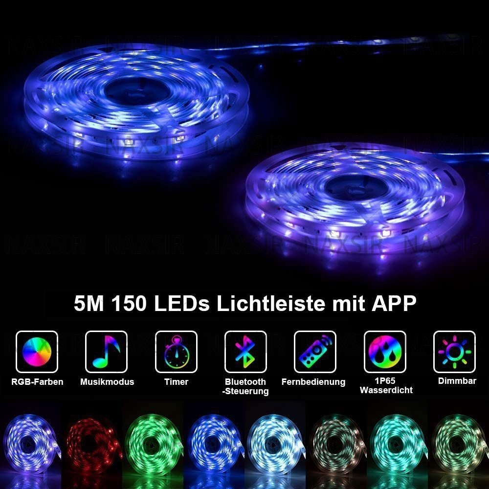 Rollen blauer LED-Lichtbänder mit Fernbedienungssymbolen und Farboptionen.