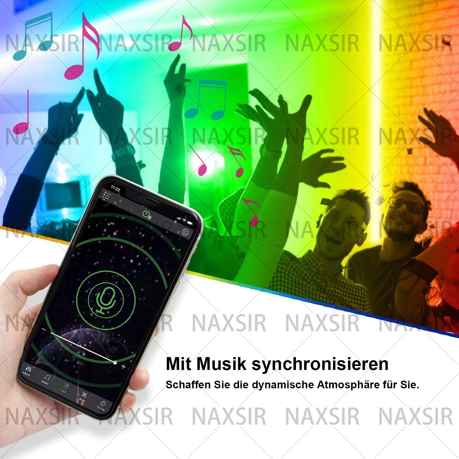 Eine Person hält ein Telefon mit App zur Lichtsteuerung, Musik und Menschen.