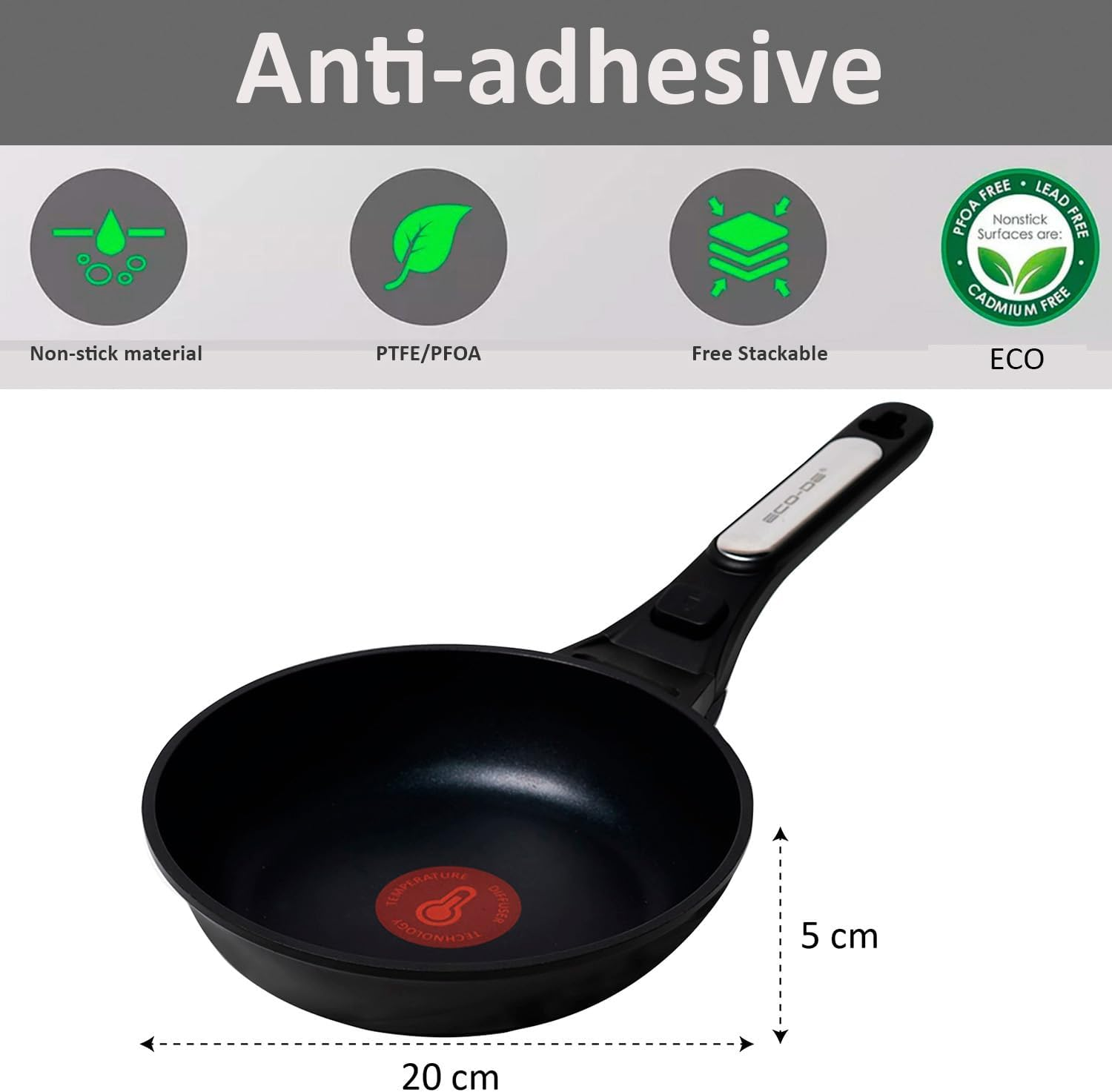 Sartén negra con mango negro, indicador rojo de temperatura e iconos de información.