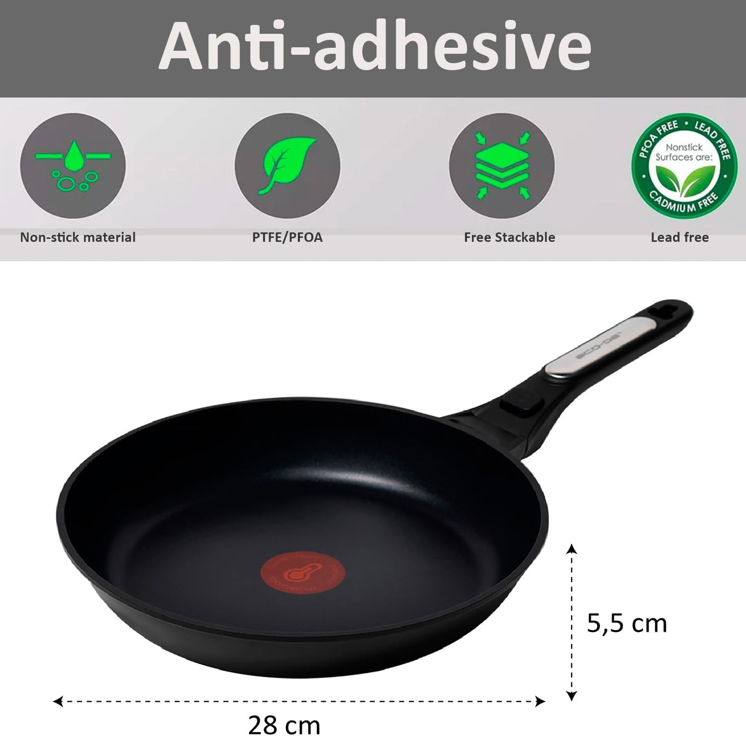 Sartén negra con asa. El texto indica que es antiadherente y antiadherente.