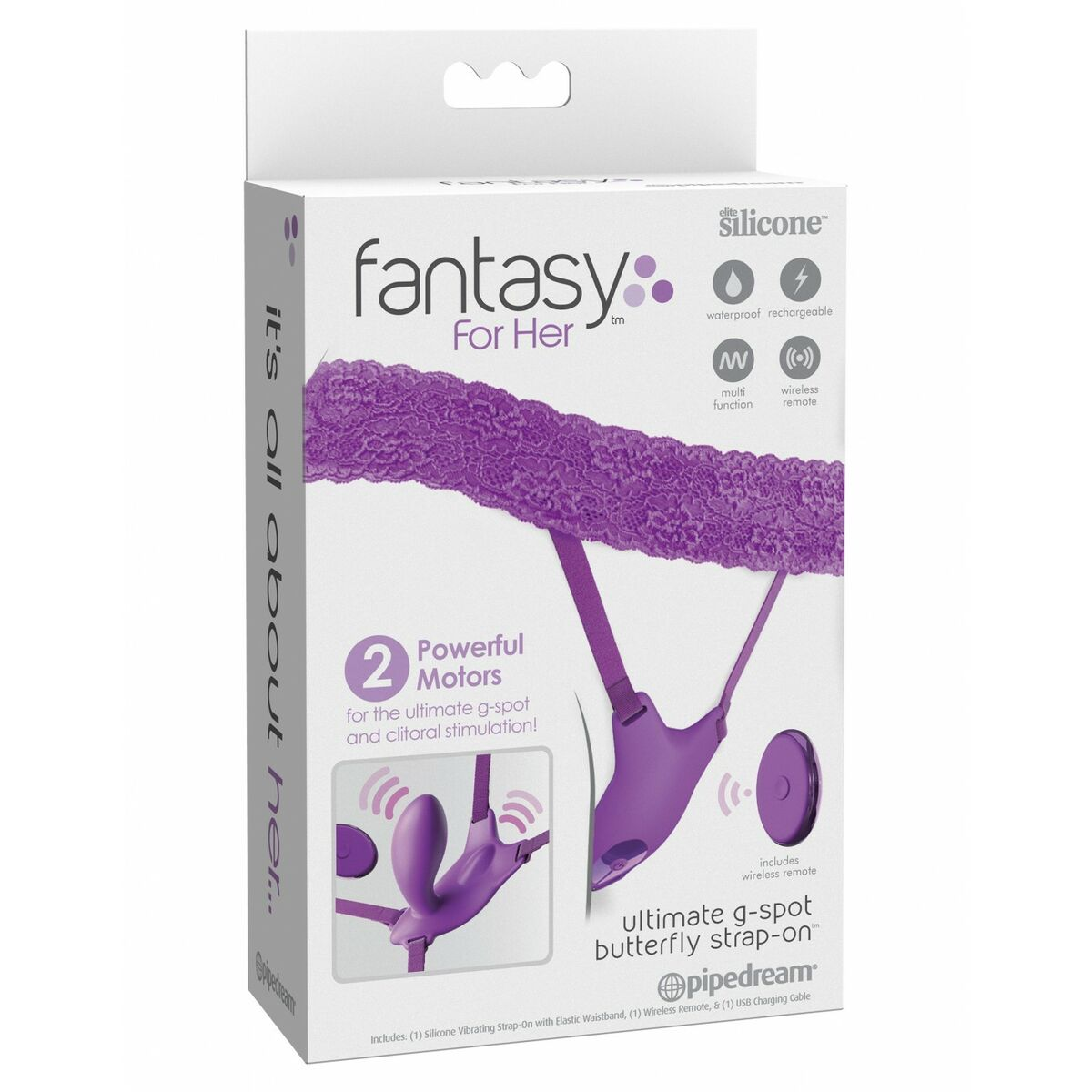 Schachtel eines Vibrators mit lila Strap-on, kabelloser Fernbedienung und Anweisungen.