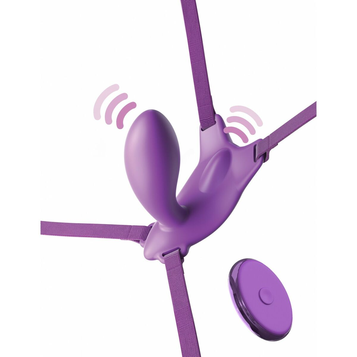 Lila Vibrator mit Riemen und Fernbedienung. Es emittiert gebogene Linien, die Vibrationen bedeuten.