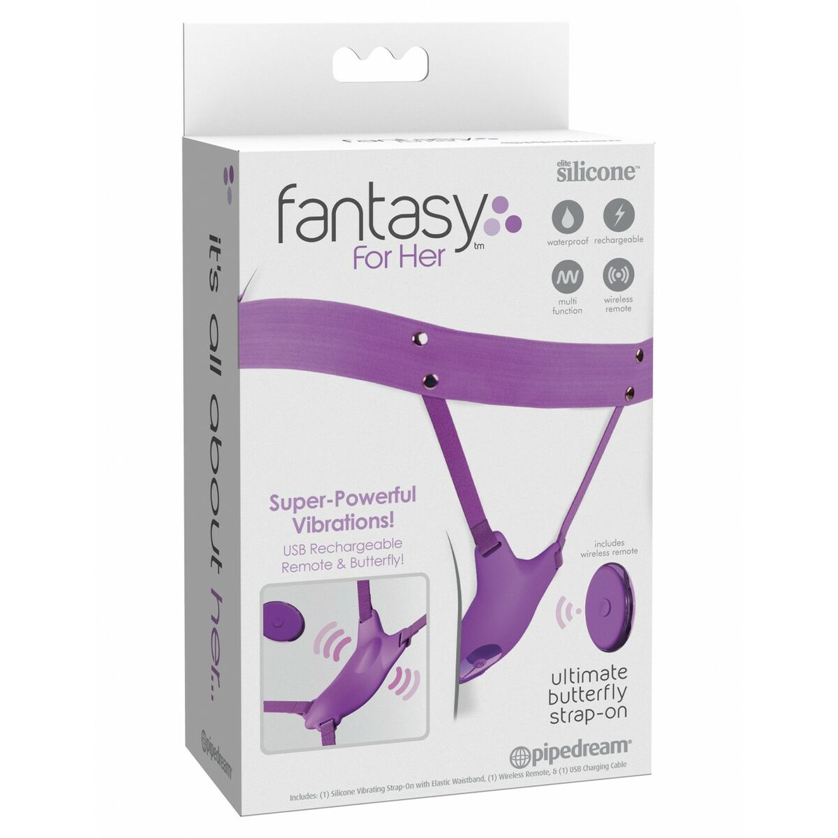 Schachtel eines violetten Strap-on-Vibrators. Mit Fernbedienung und dem Schriftzug 'Fantasy for Her'.