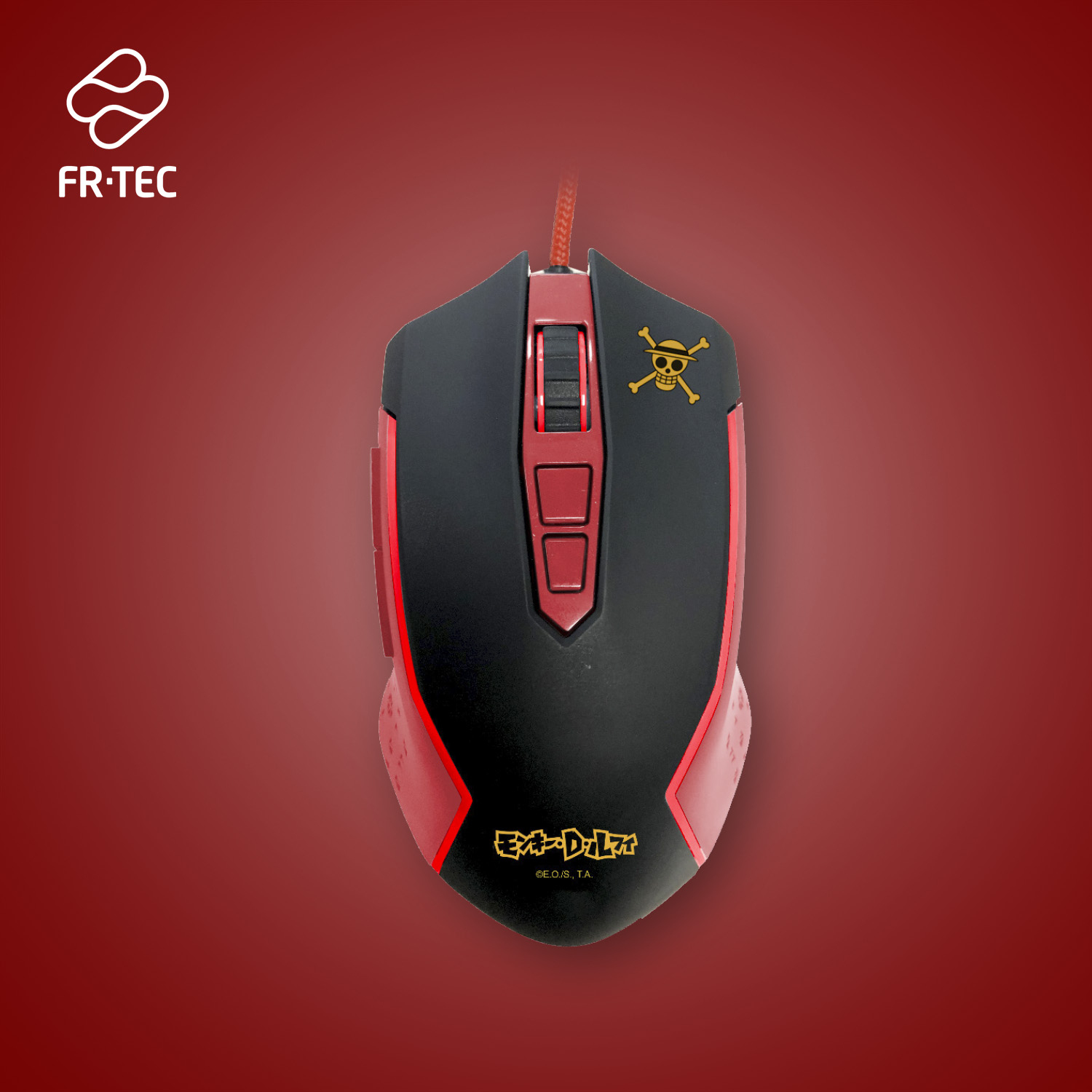 Schwarz-rote FR-TEC Gaming-Maus. Sie hat ein Totenkopf-Logo und japanischen Text.