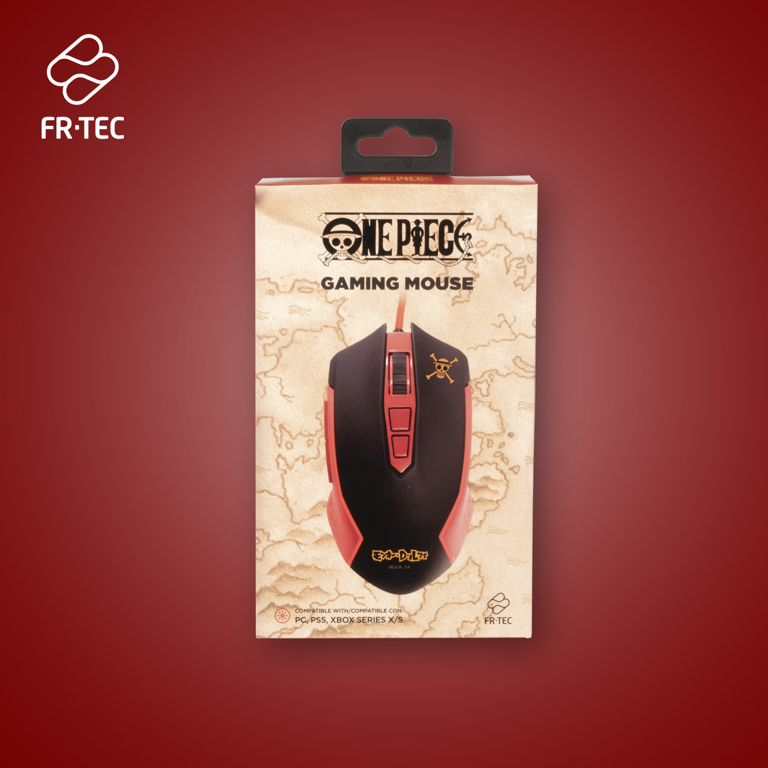 Gaming-Maus in einer One Piece-Box. Die Maus ist schwarz und rot.