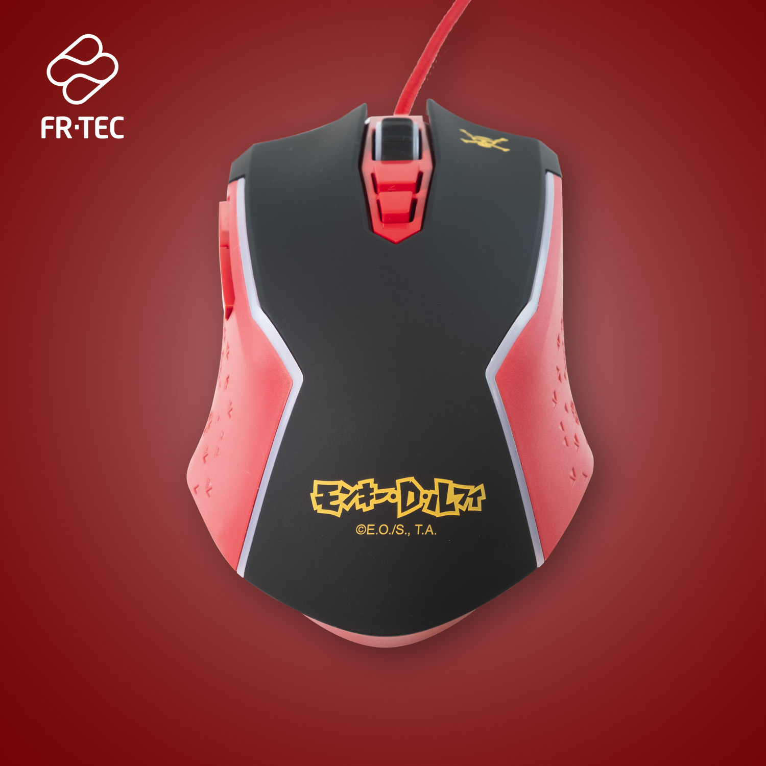 Rote und schwarze Gaming-Maus mit japanischem Text und Logo. Rotes Kabel.