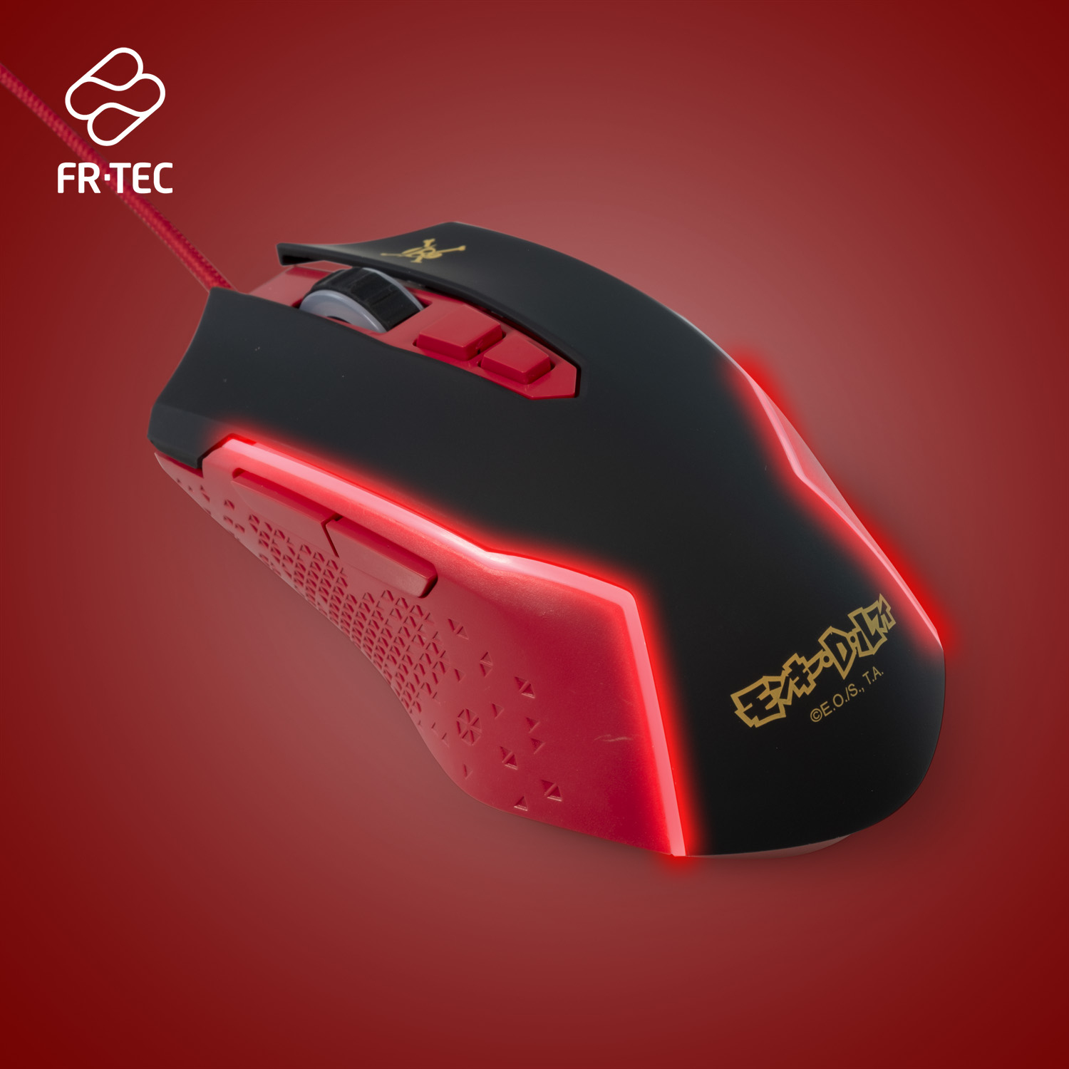 Schwarze und rote Gaming-Maus mit roten Lichtern. Sie hat eine Anime-Grafik.
