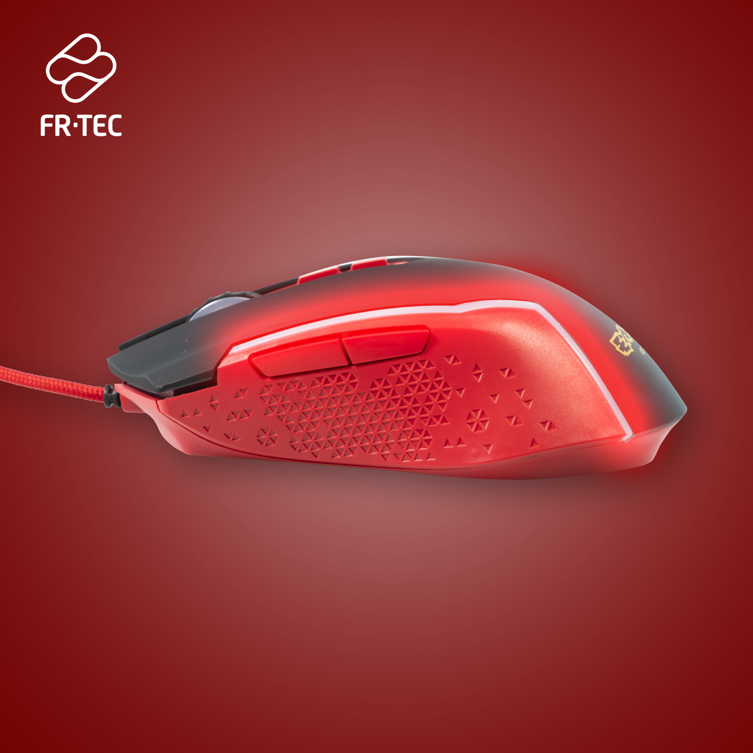 Rote Gaming-Maus mit roter Beleuchtung. Hat Tasten, ein Rad und eine strukturierte Seite.