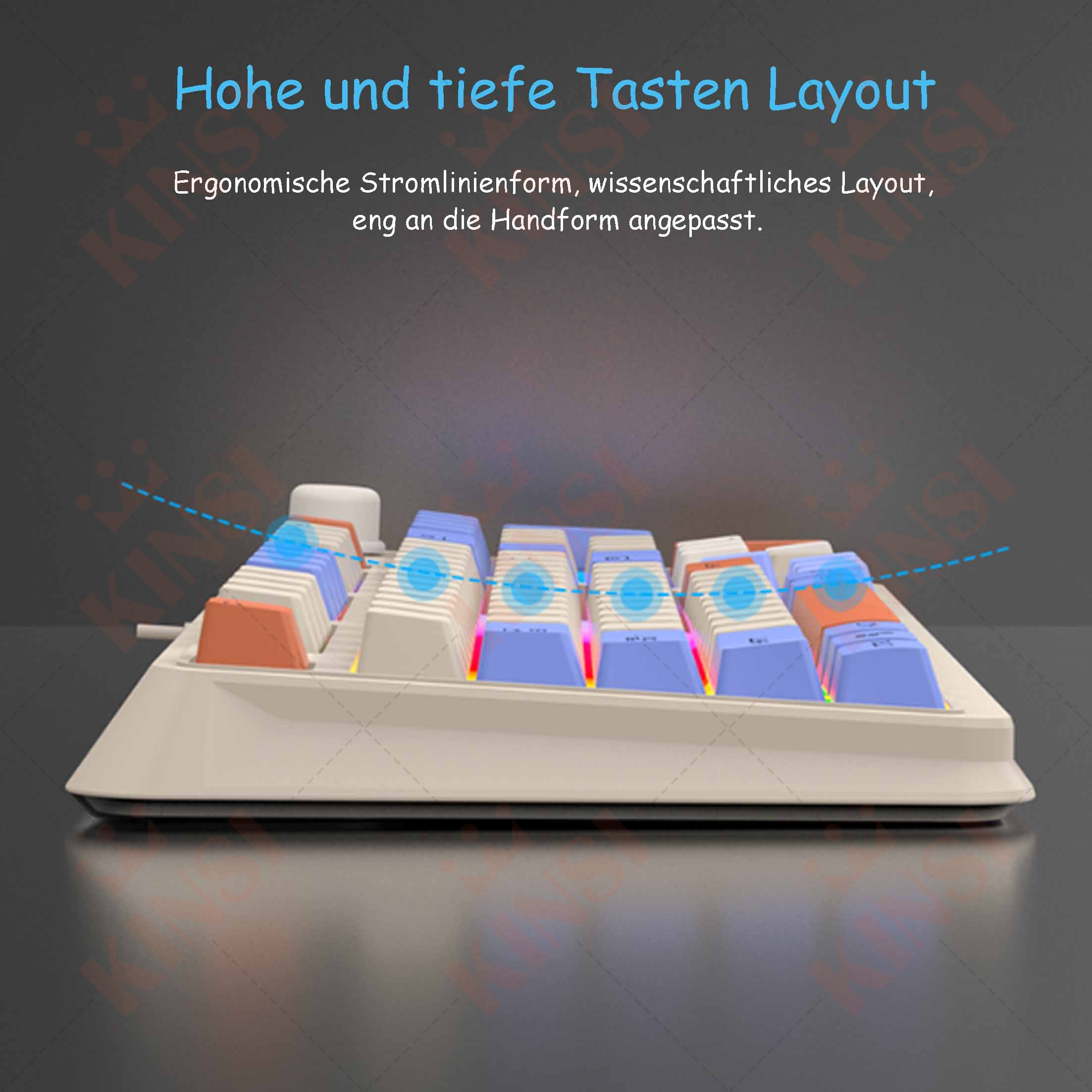 Klawiatura z niebieskimi i pomarańczowymi klawiszami. Biała ramka. Oznaczone: Hohe und tiefe Tasten Layout.
