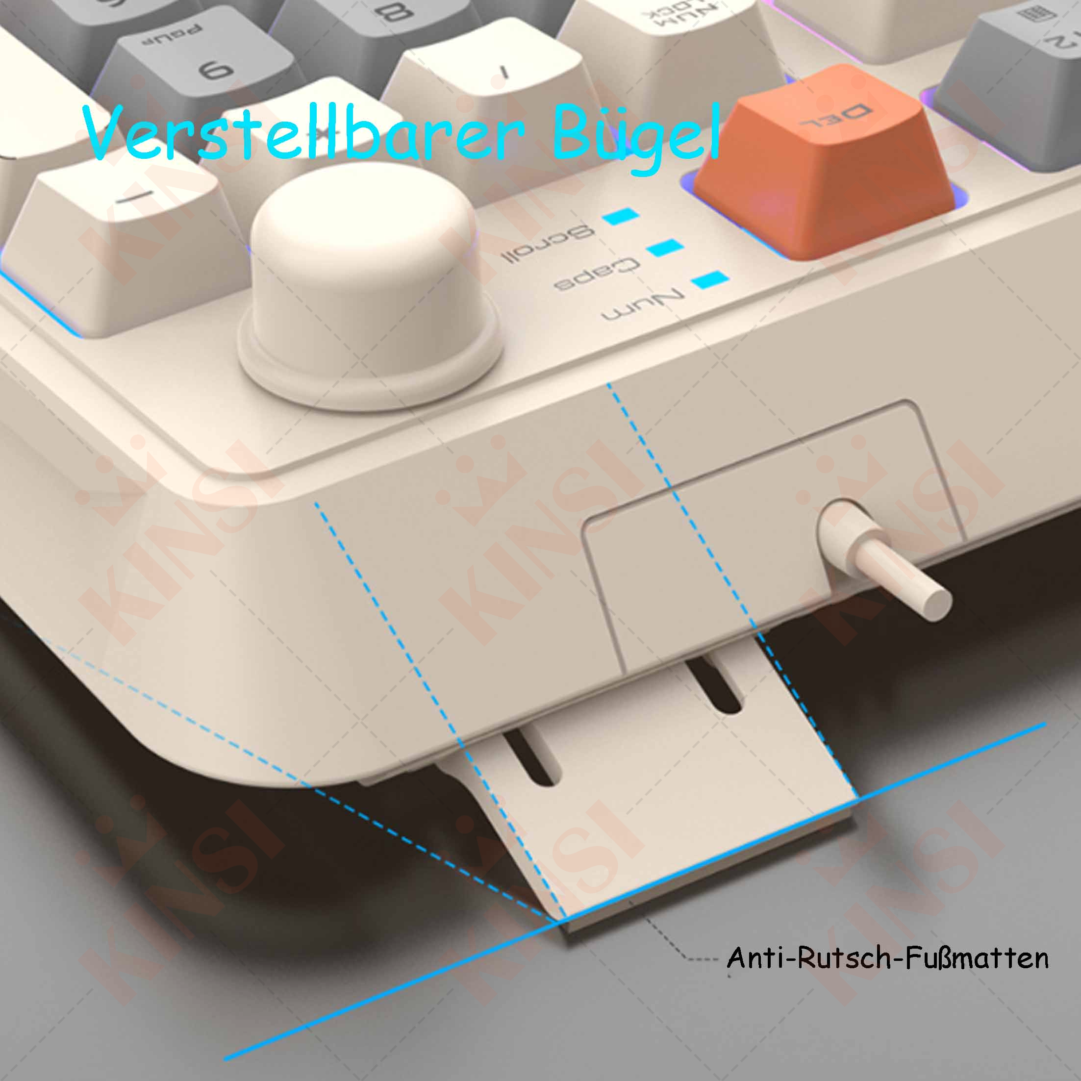 Zbliżenie białej klawiatury z pokrętłem i pomarańczowym klawiszem.