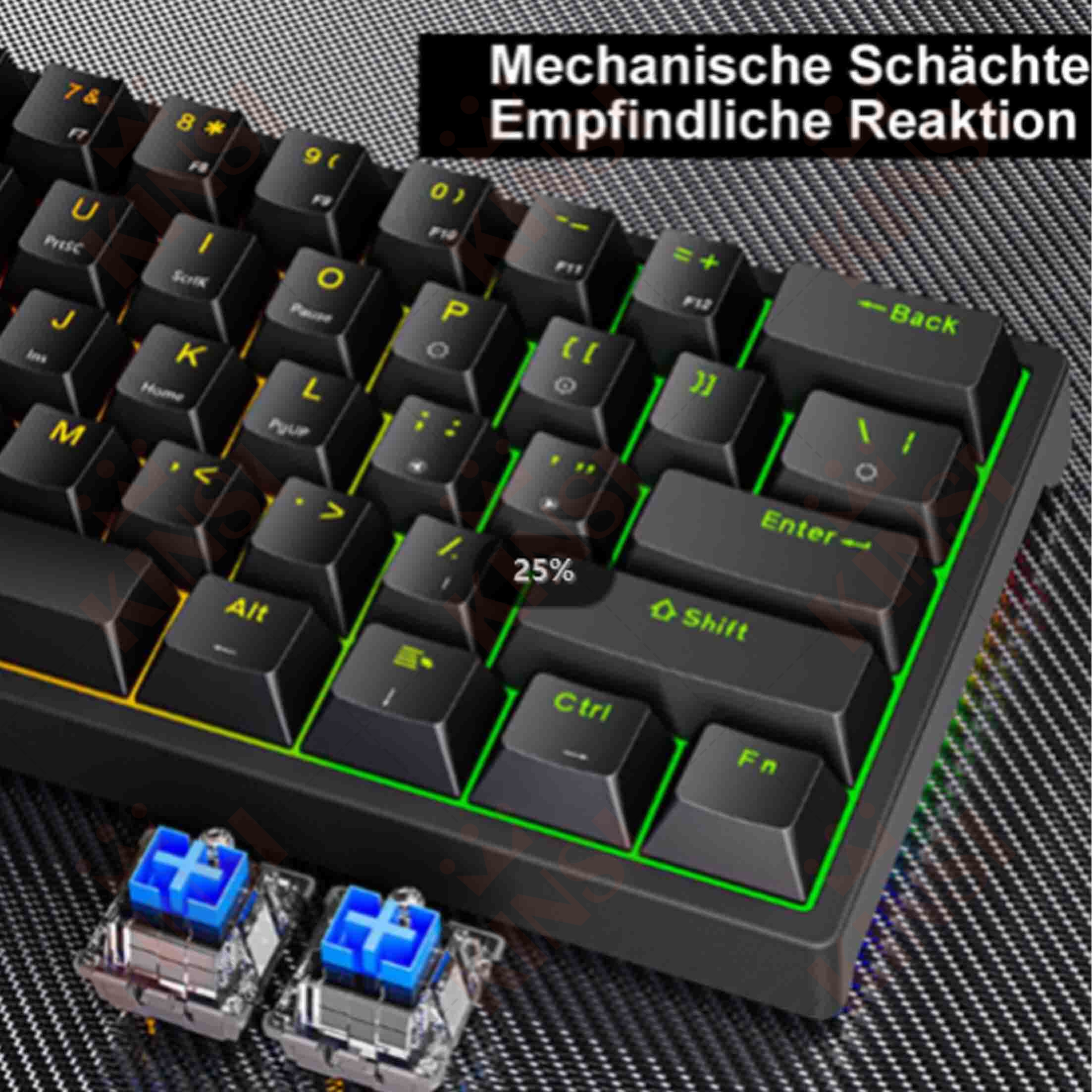 Zbliżenie czarnej klawiatury z podświetlanymi zielonymi klawiszami i odsłoniętymi niebieskimi przełącznikami.