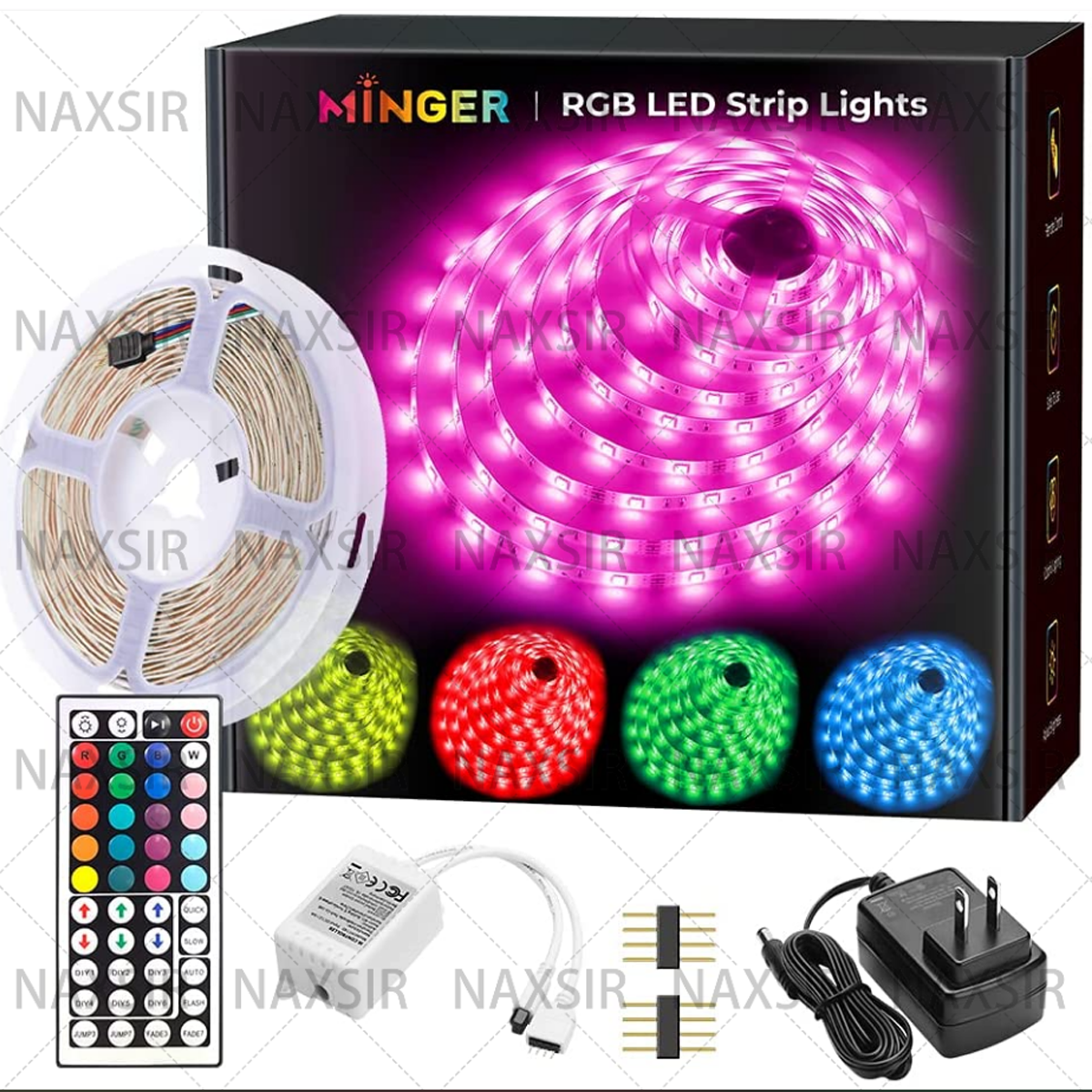RGB-LED-Streifen in einer Box, mit Fernbedienung und verschiedenem Zubehör.