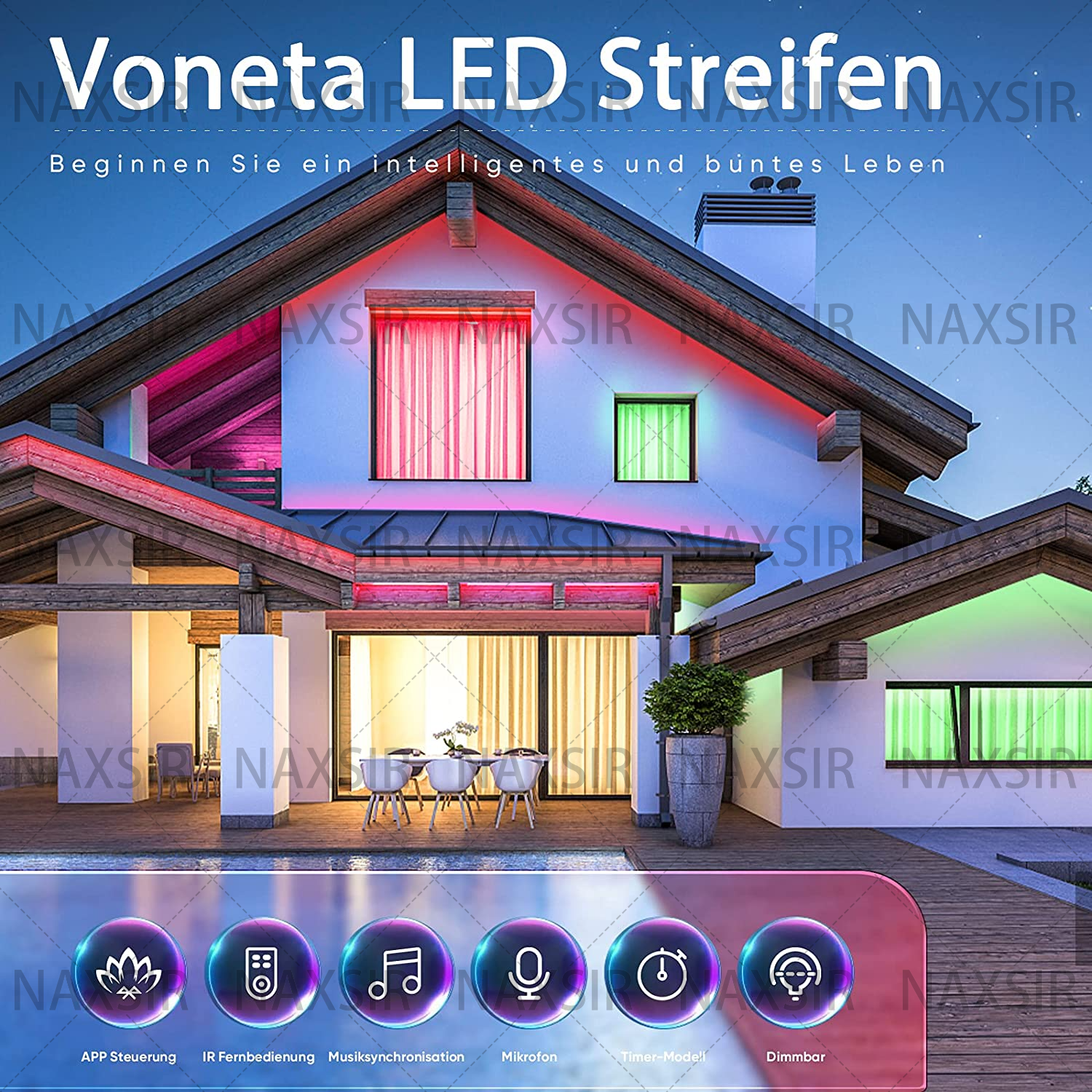 Hausfassade mit LED-Streifen. Symbole für App-Steuerung, Musiksynchronisation, Mikrofon, Timer und Dimmen.