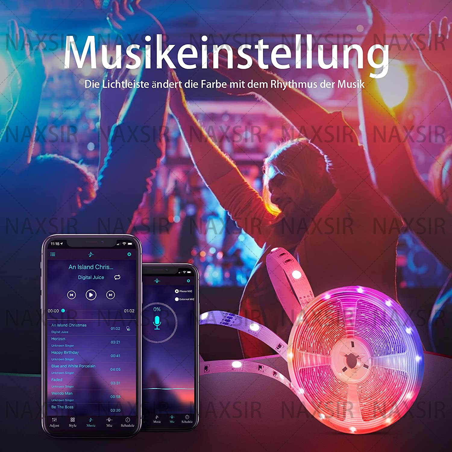 Smartphone zeigt die Benutzeroberfläche einer Musik-App. LED-Lichtleiste im Hintergrund, tanzende Leute.