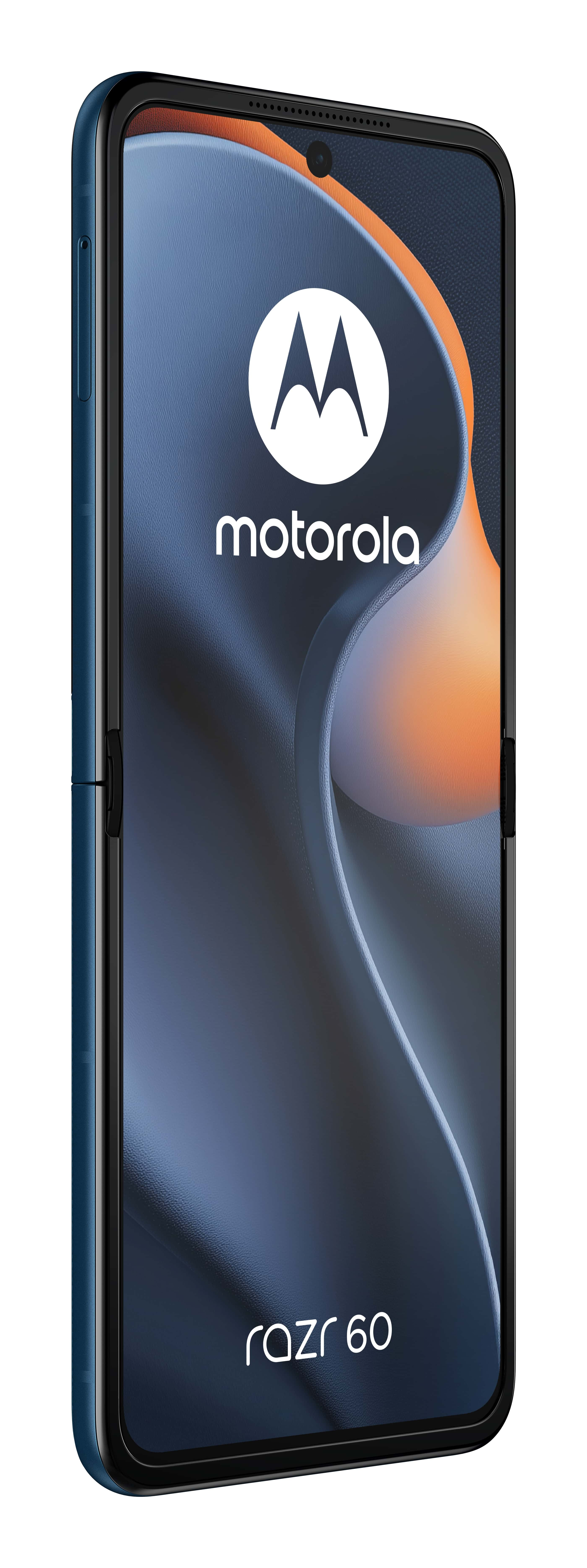 Telefon Motorola Razr 60, otwarty, z niebieską ramką i ciemnym ekranem.