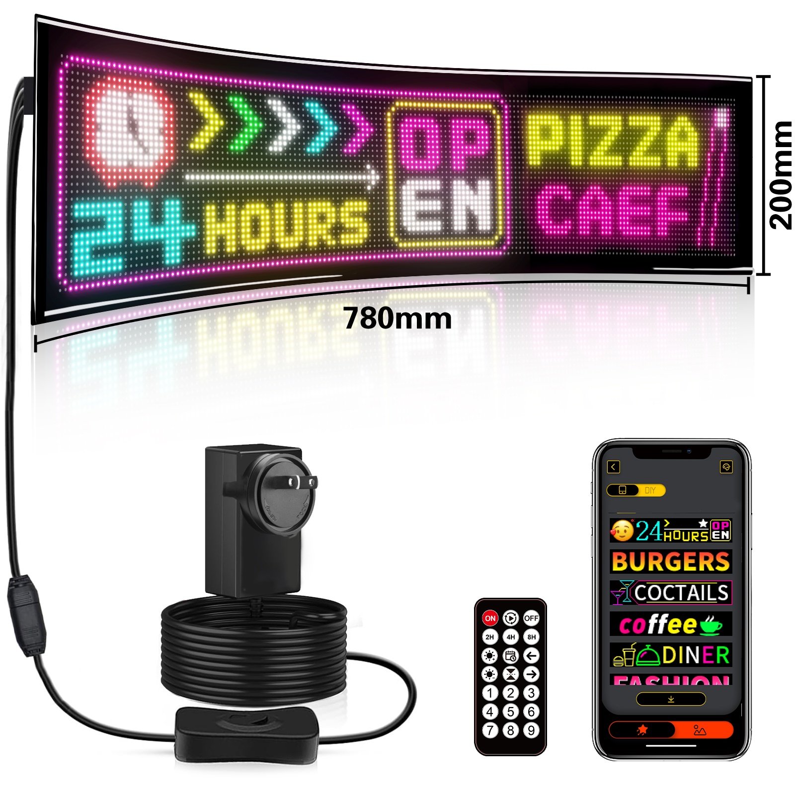 Gebogenes LED-Schild mit "24 HOURS EN PIZZA CREF" mit Steuerung.