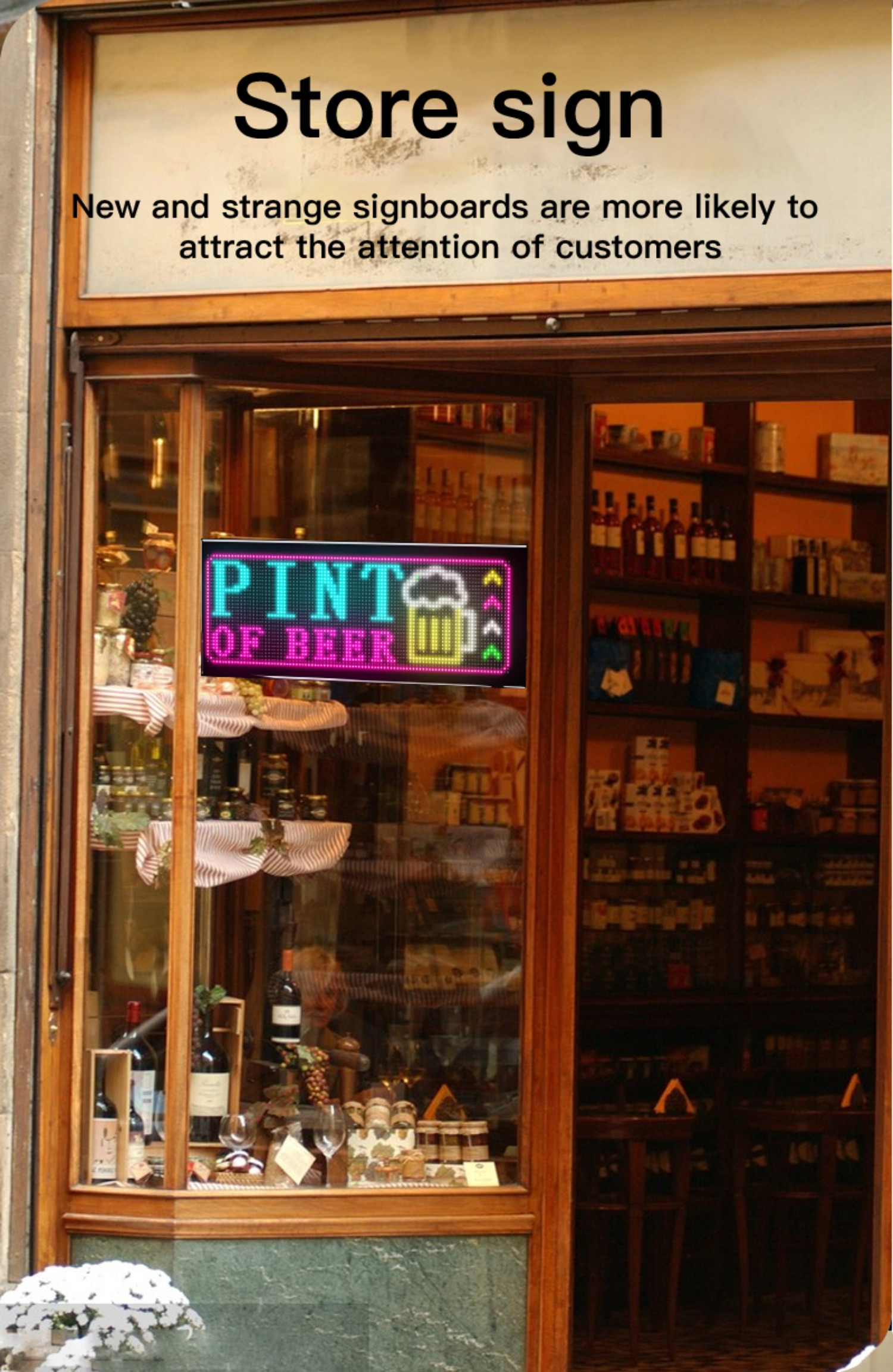 Schaufenster mit Leuchtreklame 'PINT OF BEER'. Im Inneren eines Ladens.