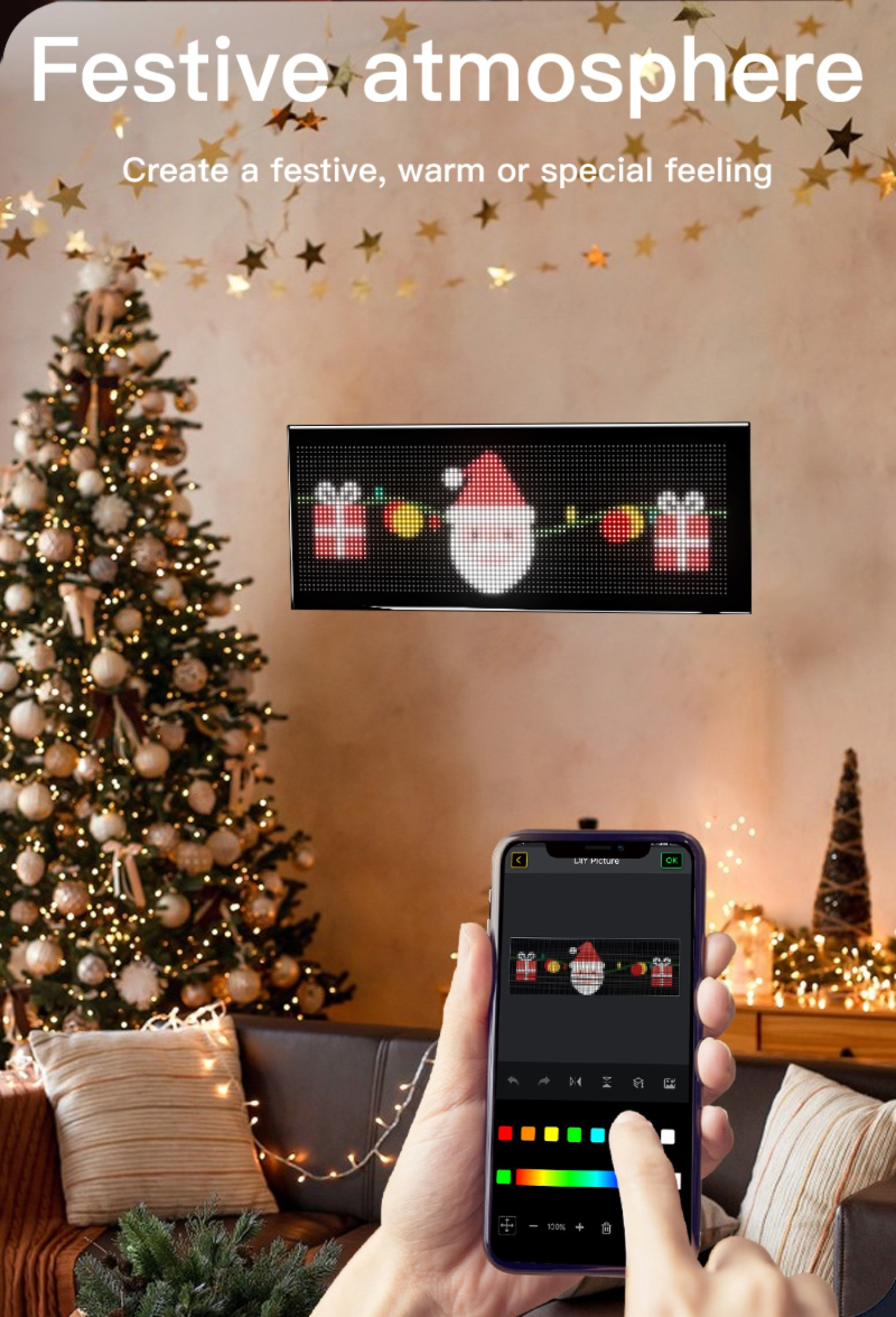 Ein Telefon mit Weihnachts-Display, mit Dekorationen und einem Weihnachtsbaum.