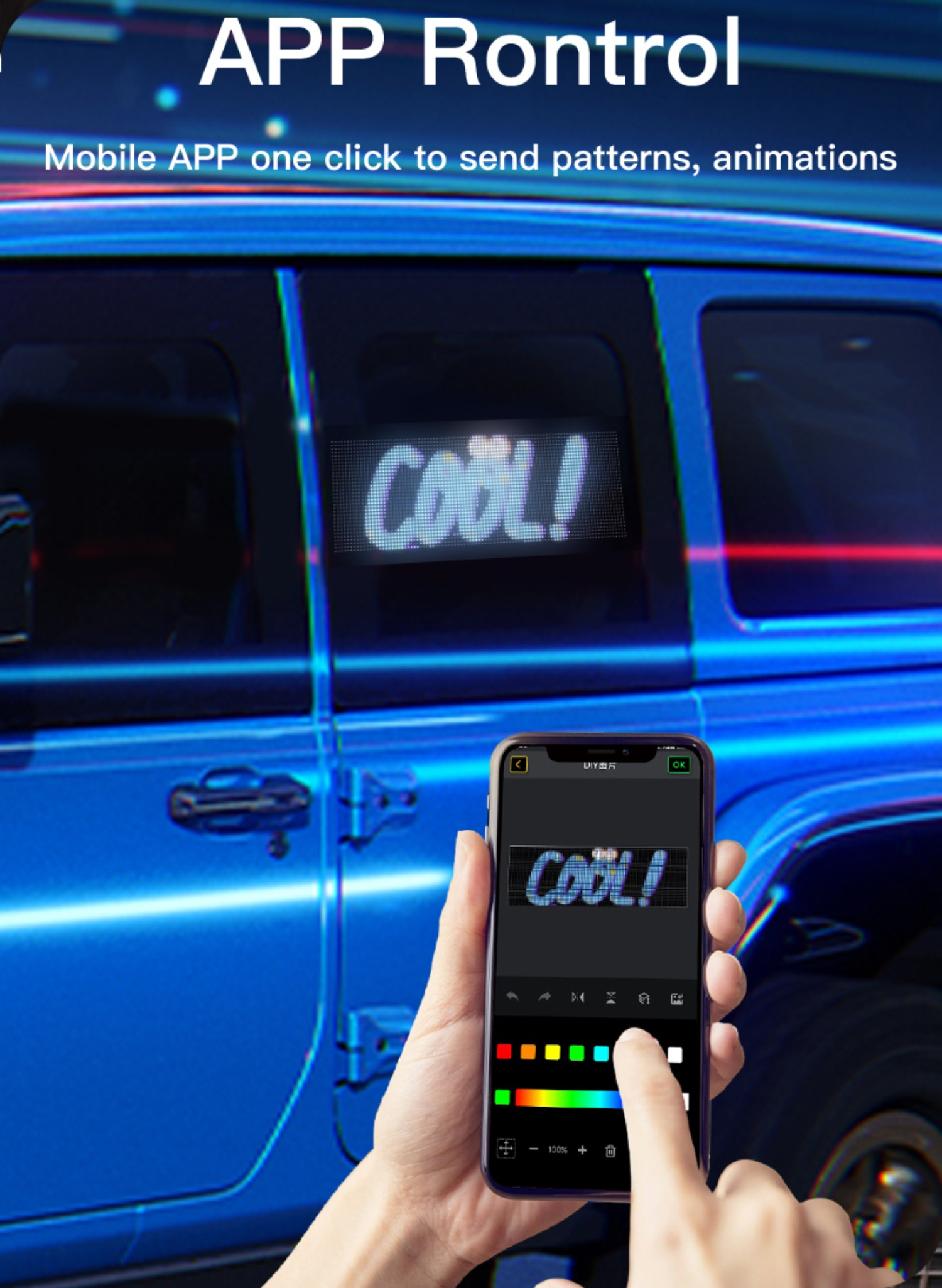 Eine Hand hält ein Smartphone, das das Wort 'COOL!' auf einer Autofensteranzeige zeigt.
