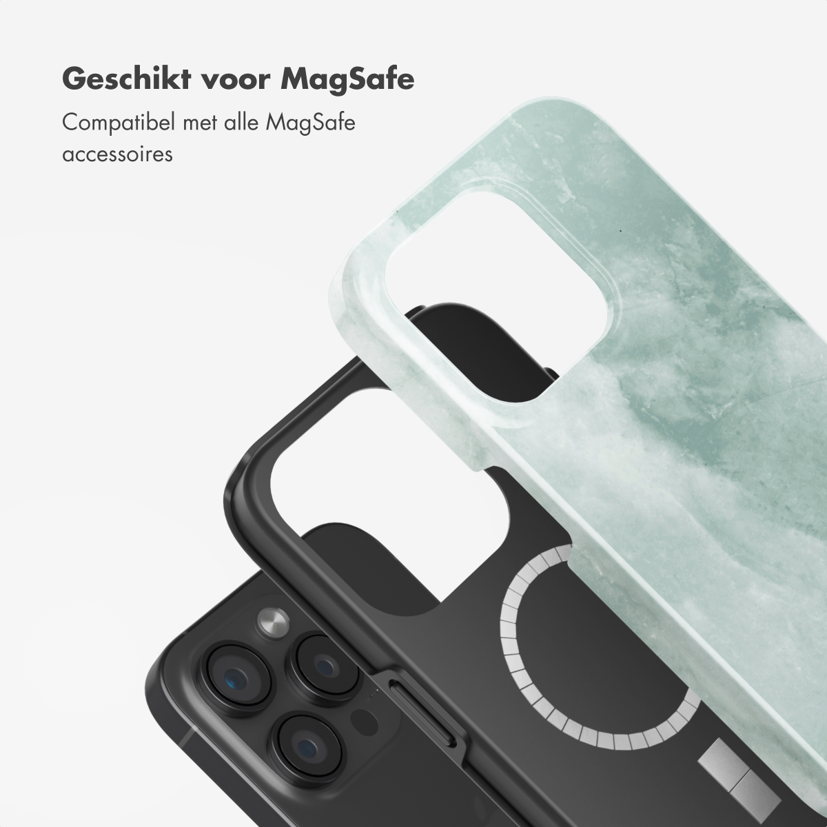 Gros plan sur une coque de téléphone avec un téléphone à l'intérieur. La coque est vert clair avec un cercle blanc.