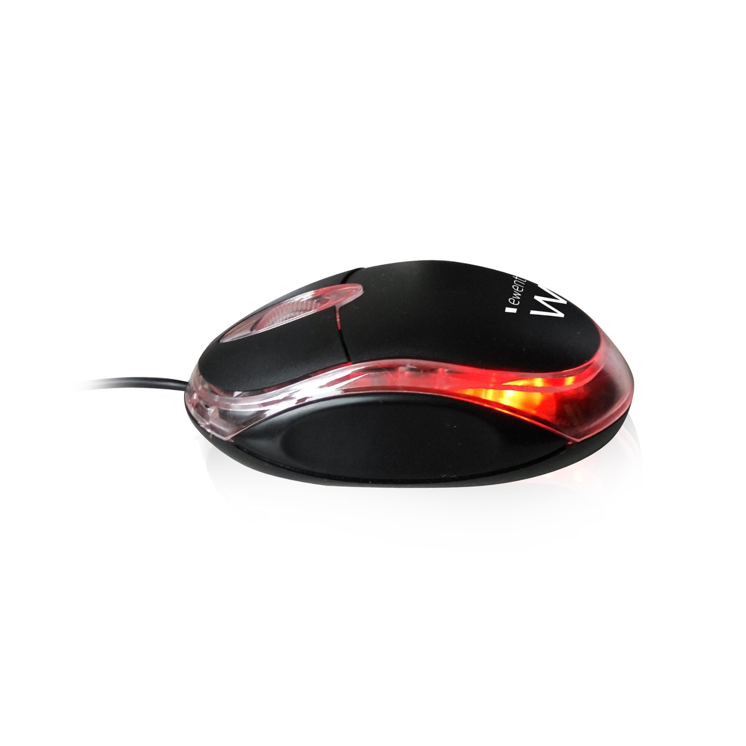 Black computer mouse with a transparent red light strip. Has a cable attached.