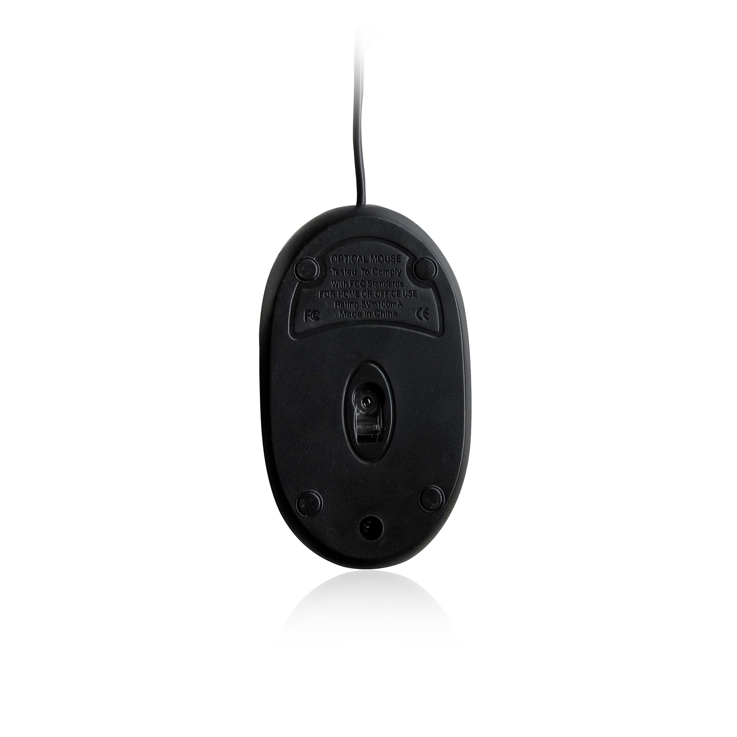 Black mouse bottom, showing the optical sensor and labels, on white background.