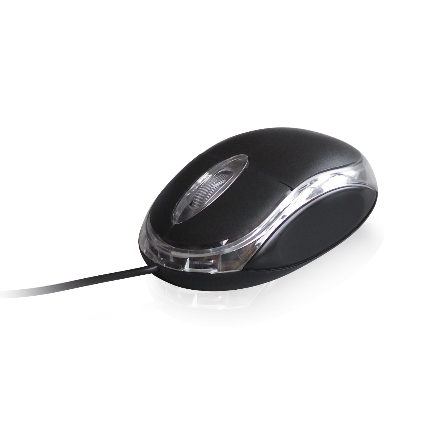 Black computer mouse with a clear plastic top, showing the scroll wheel.