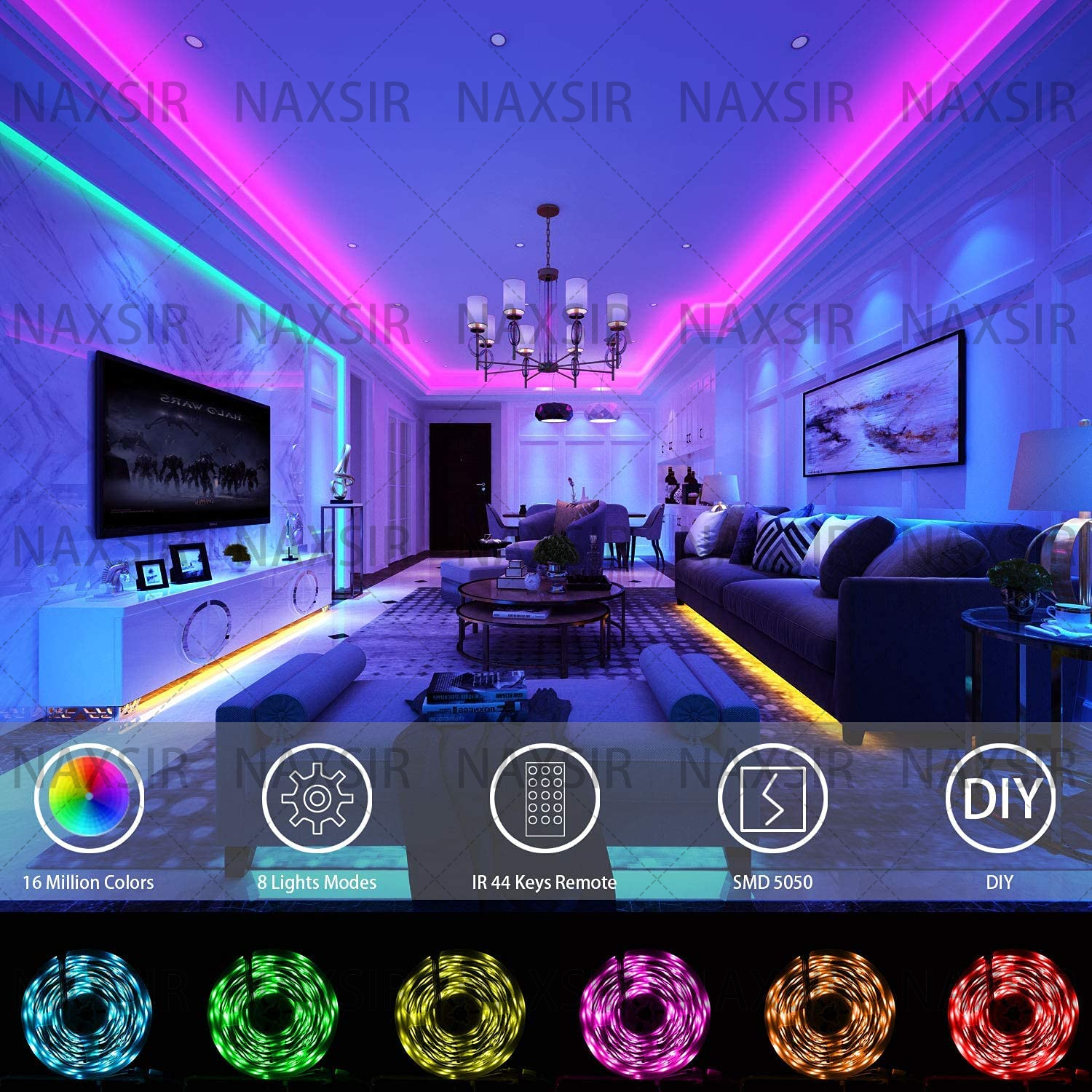 Wohnzimmer mit LED-Leuchten und einem Fernseher.