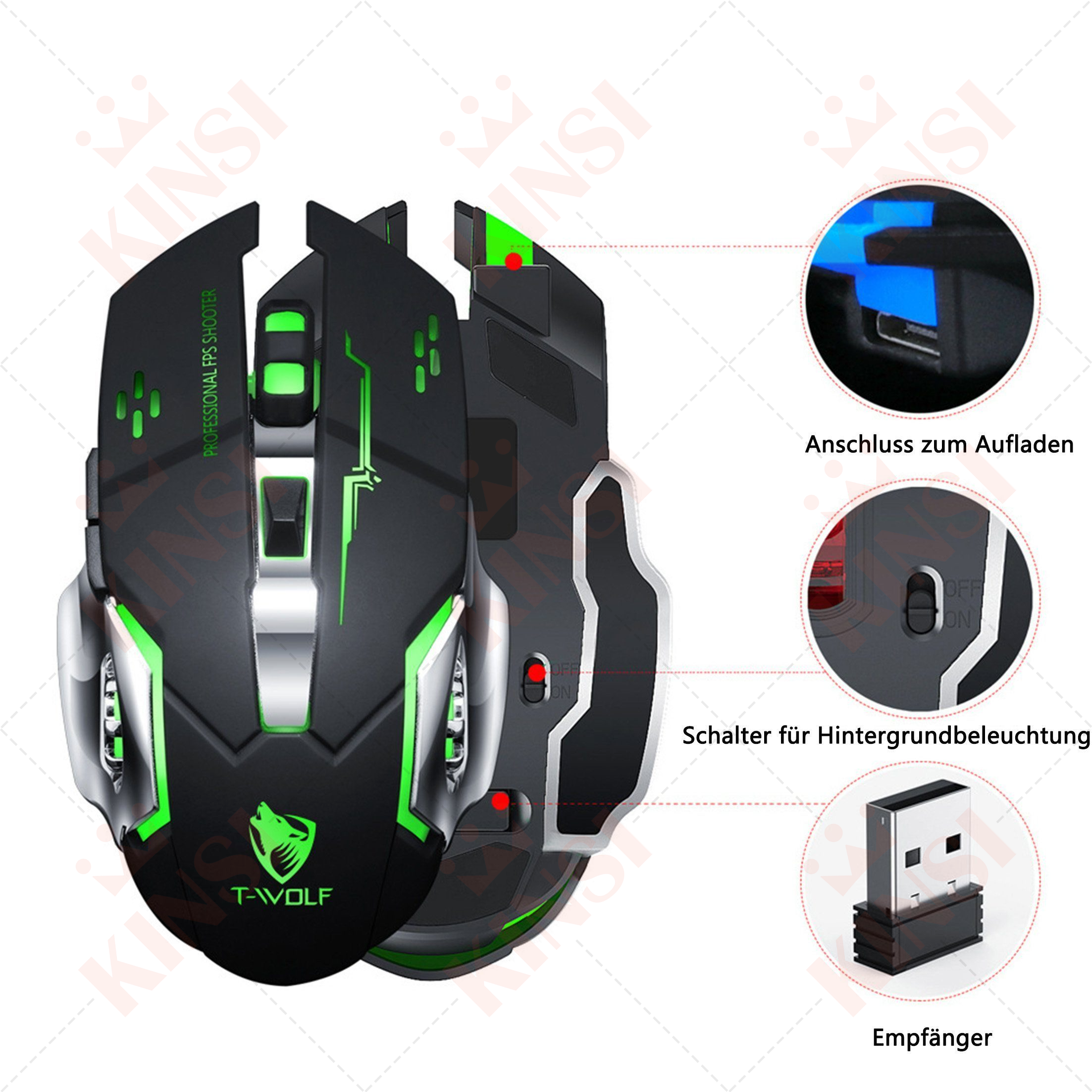 Czarna i zielona mysz do gier z zielonymi diodami LED i odbiornikiem USB.