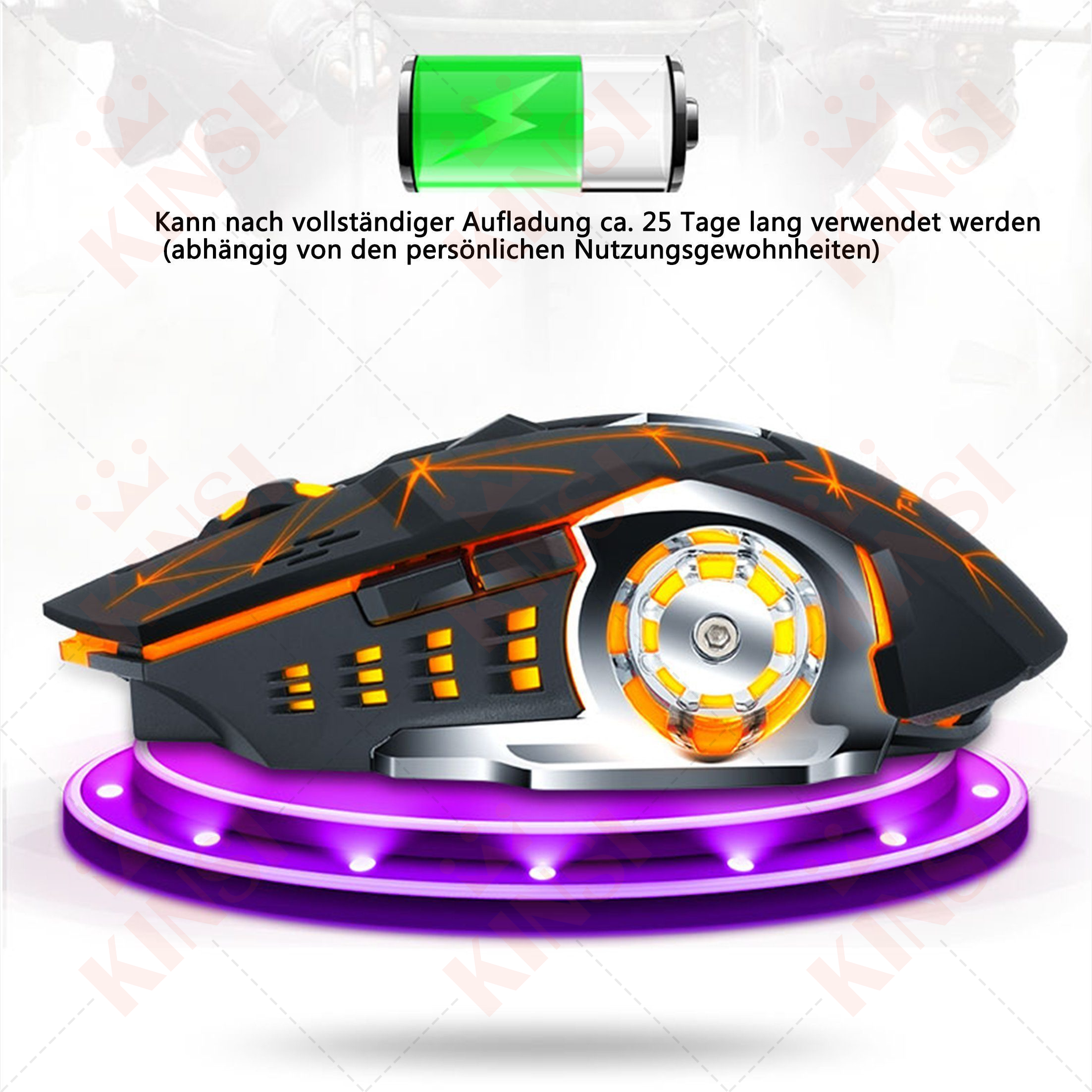 Czarna i pomarańczowa mysz do gier na fioletowej podstawie ze światłami. Wskaźnik baterii pokazuje pełne naładowanie.