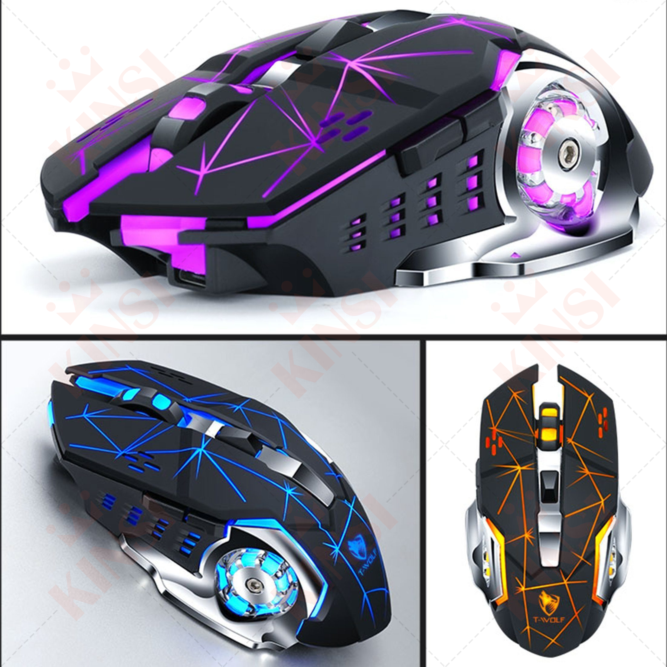 Mysz do gier z fioletowymi i niebieskimi światłami, czarnym korpusem i srebrnymi akcentami, różne widoki.