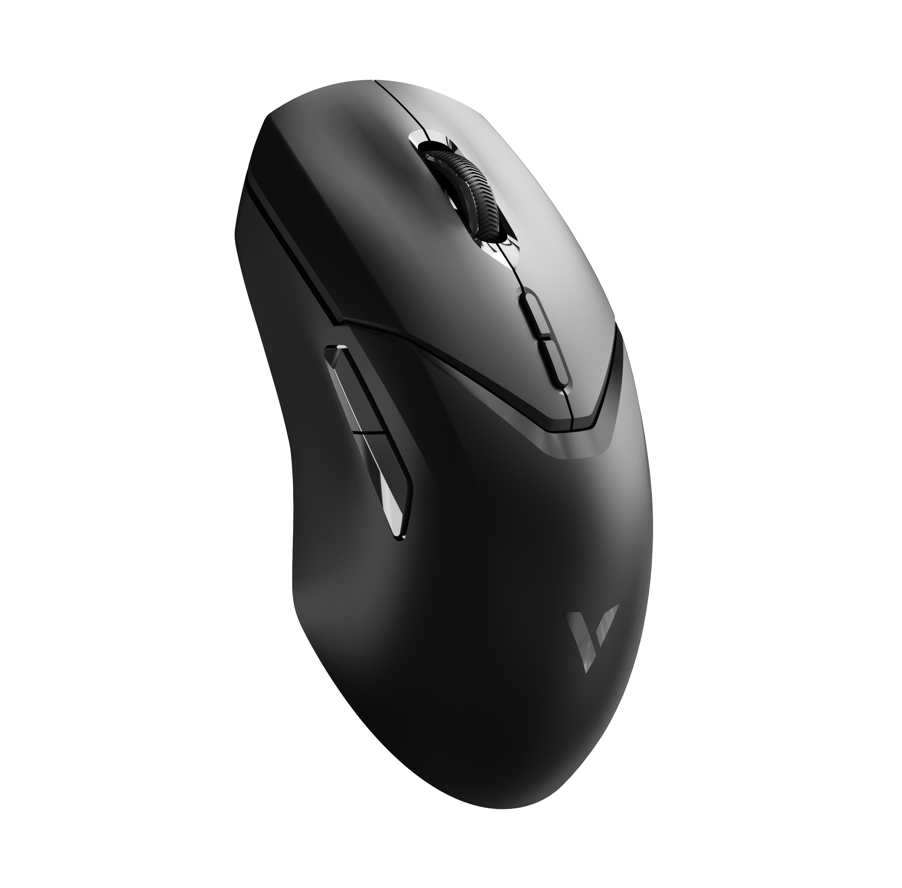 Mouse per computer wireless nero, vista angolata, lato superiore, con logo.