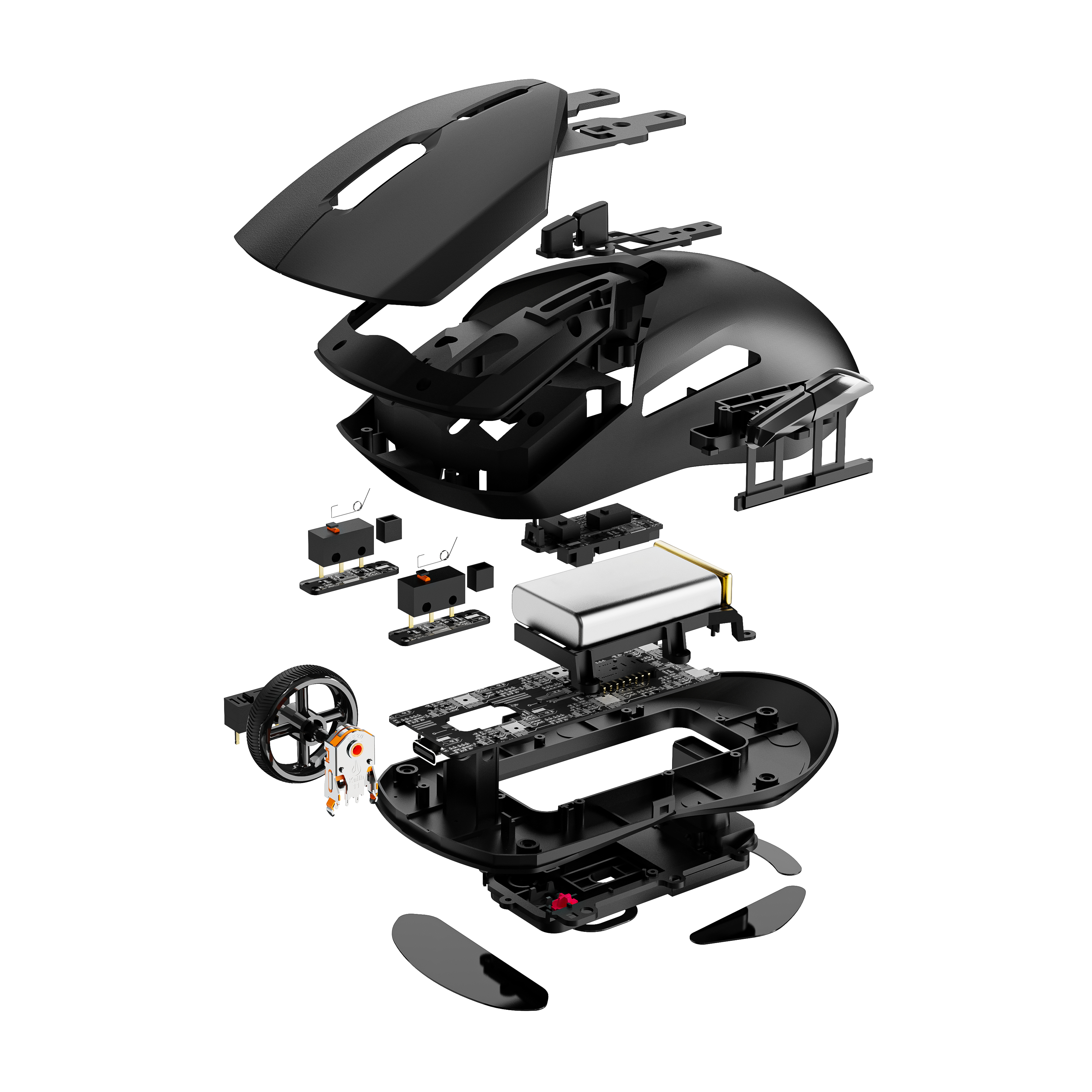 Mouse da gioco smontato. Mostra componenti come pulsanti, batteria, circuito.