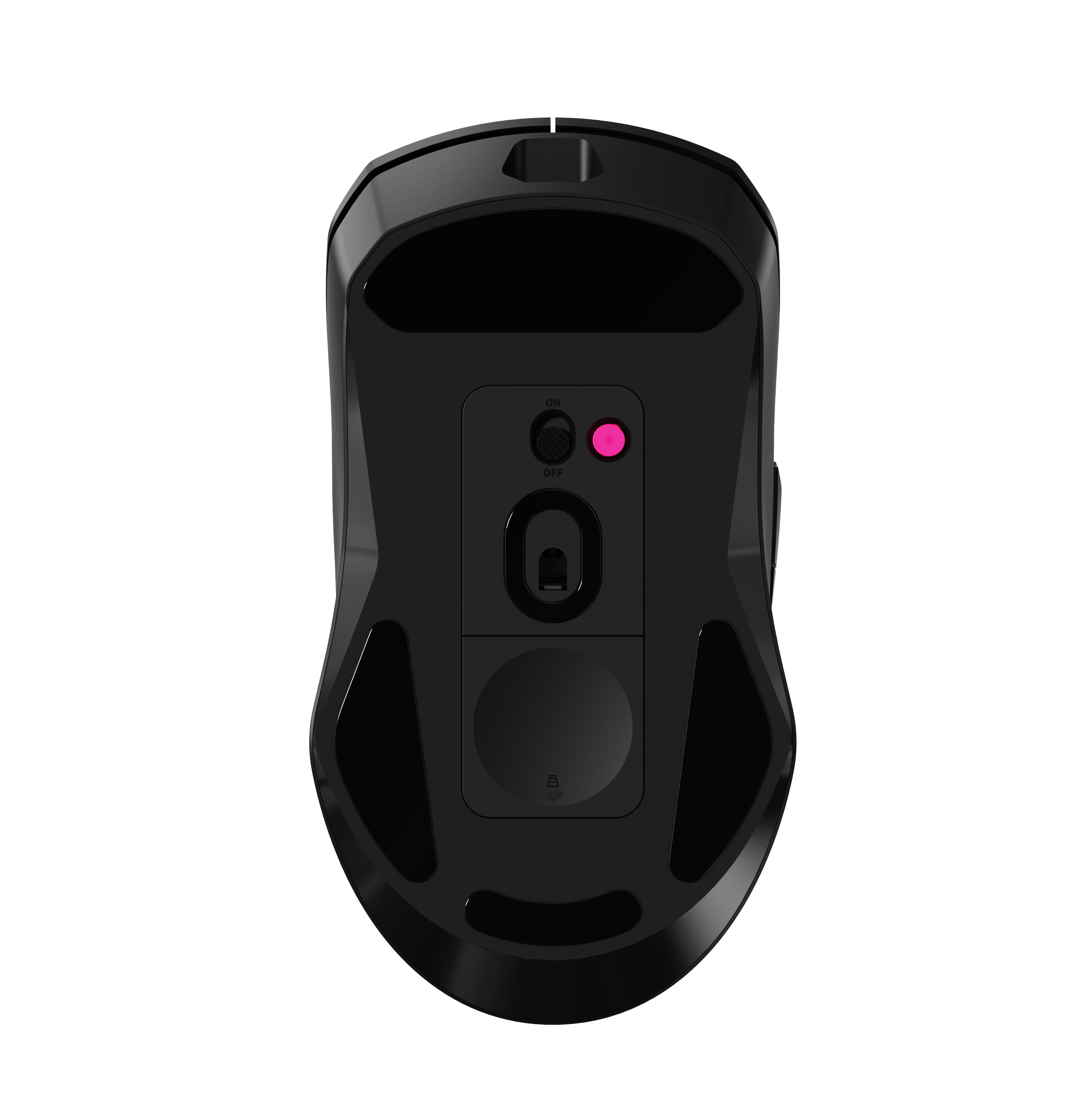 Mouse da gioco nero, vista inferiore, che mostra l'interruttore on/off.