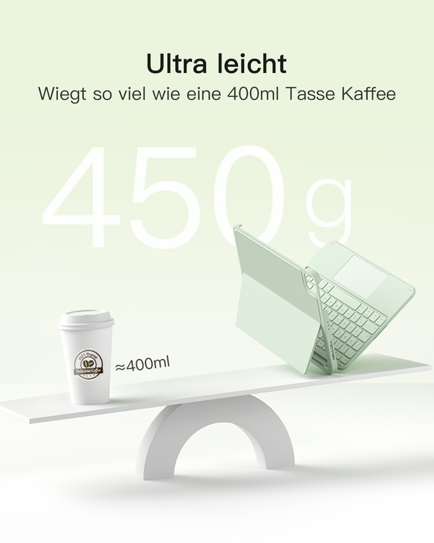 Bild mit Laptop und Kaffeetasse auf einer Waage. Text auf Deutsch zeigt Leichtigkeit an.