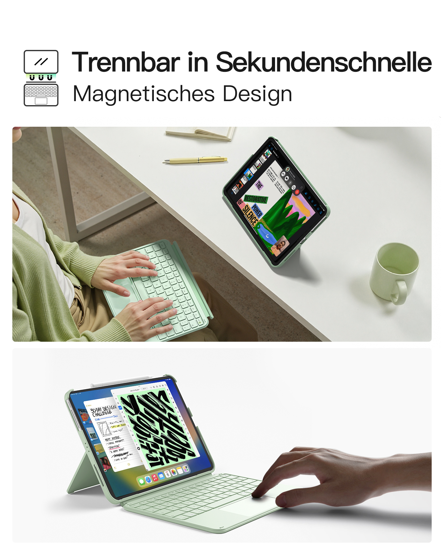 Eine Frau benutzt eine mintgrüne Tastatur mit einem Tablet. Ein Becher steht auf dem Tisch.