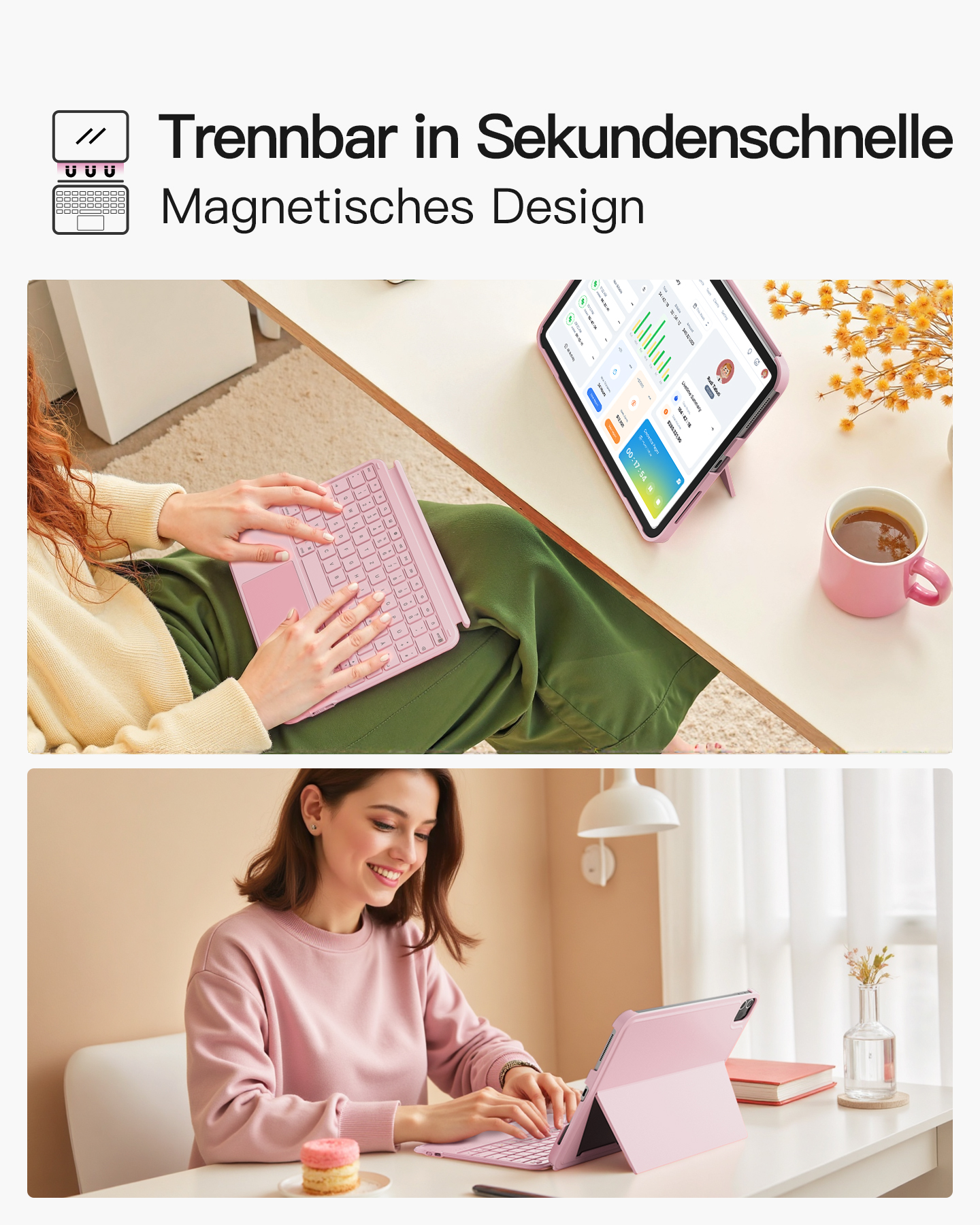 Frau mit rosa Tastatur und Tablet. Eine andere Frau lächelt und benutzt ein Tablet.