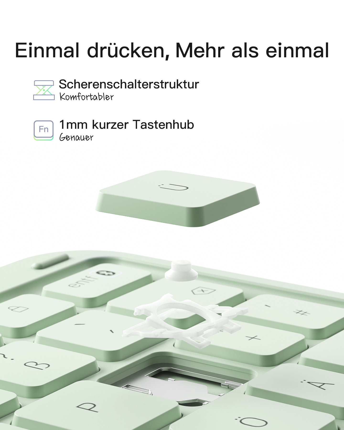 Eine grüne Tastatur mit hellfarbiger Tastenkappe wird angezeigt. Interne Teile der Tastatur sind sichtbar.