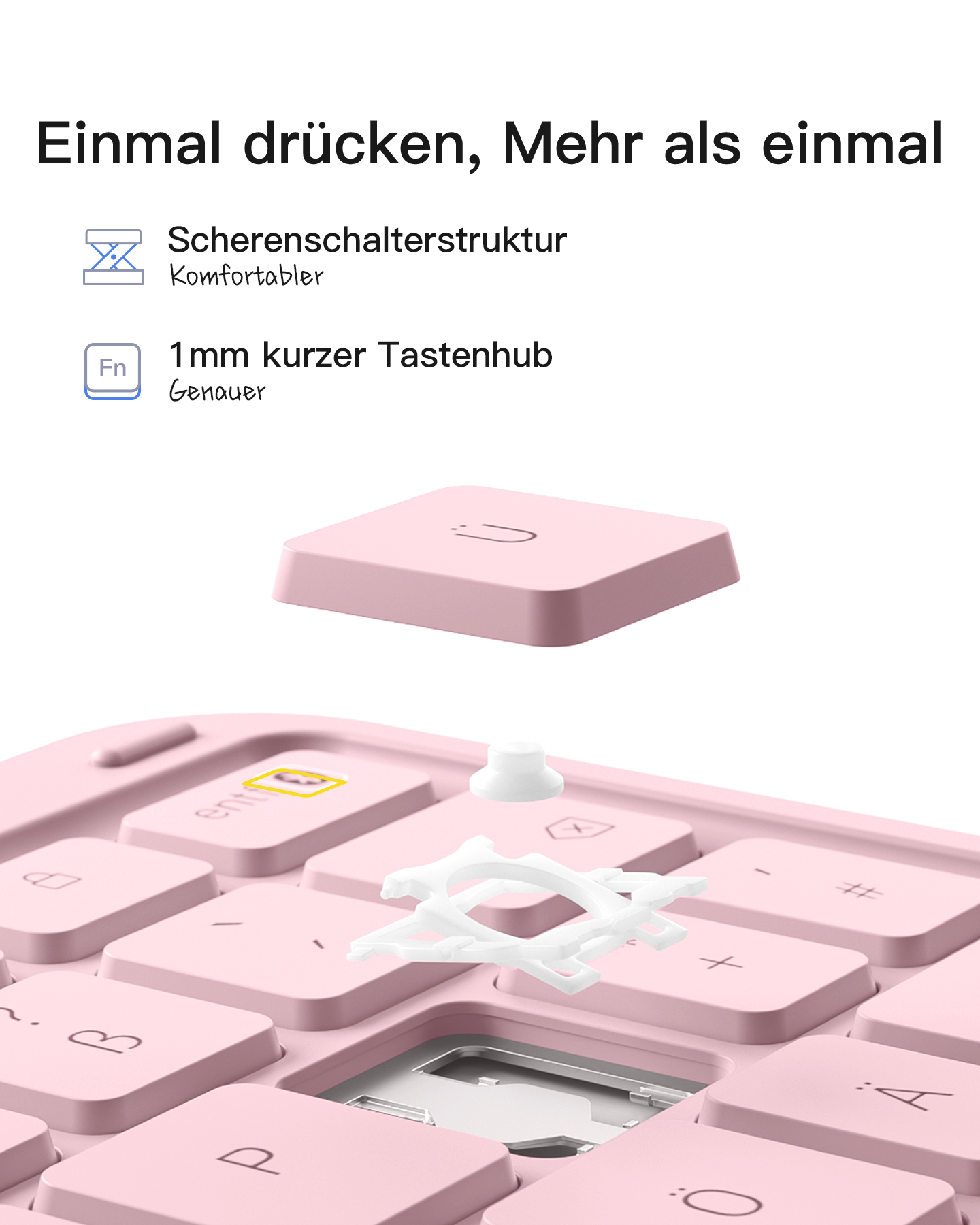 Nahaufnahme des Tastaturtastenmechanismus, der die Schichten und die innere Struktur zeigt.