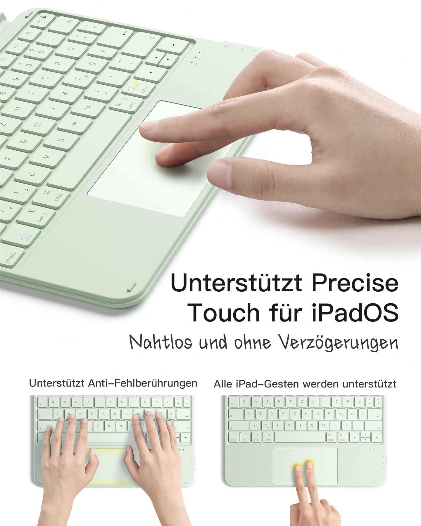 Hellgrüne Tablet-Tastatur mit Touchpad. Hände berühren das Pad.