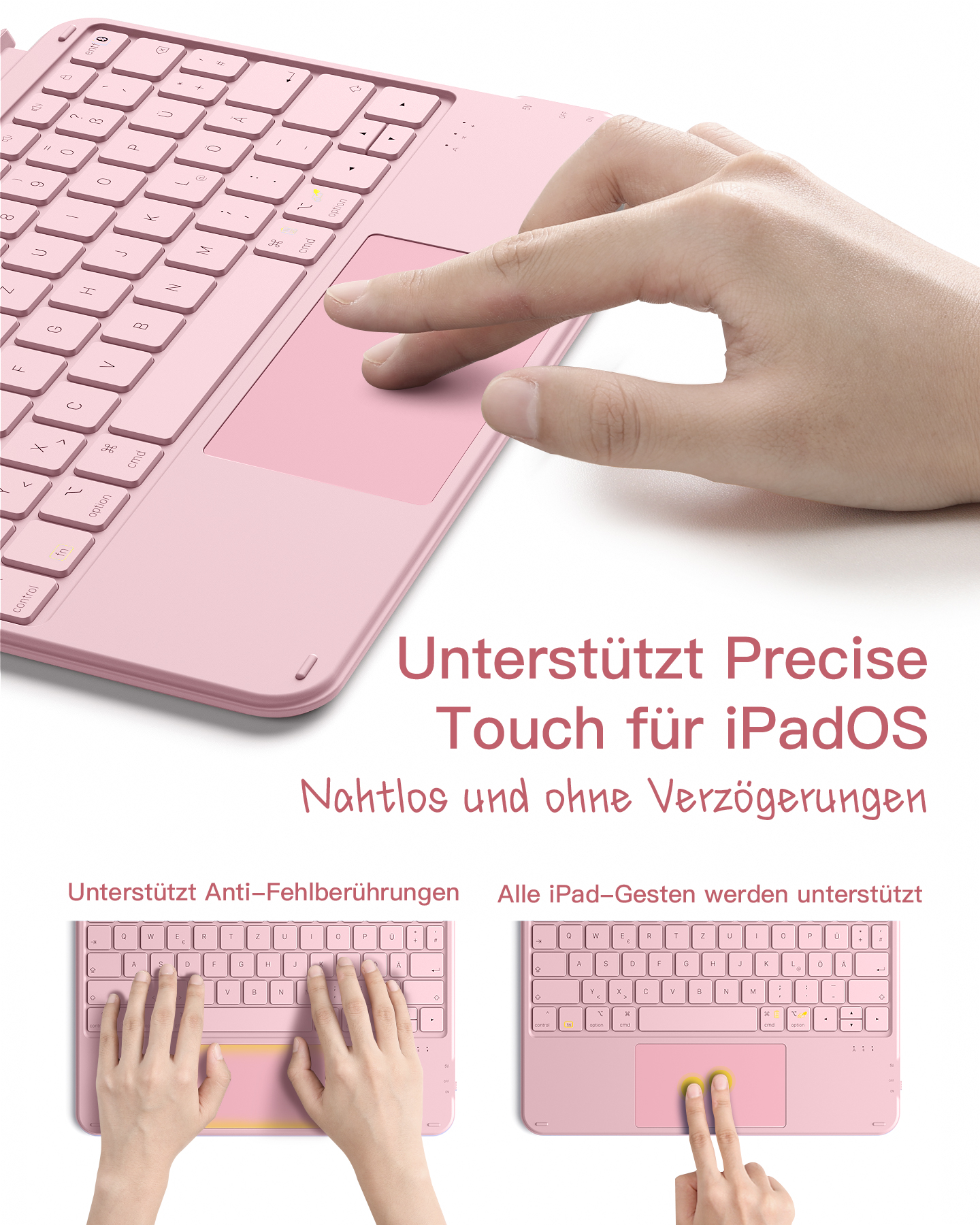 Rosa iPad-Tastatur mit Hand, die ein Trackpad berührt, und Text.