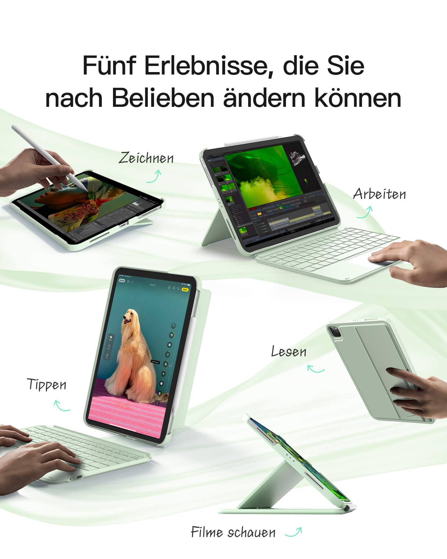 iPad in verschiedenen Modi: Zeichnen, Arbeiten, Tippen, Lesen und Filme schauen.