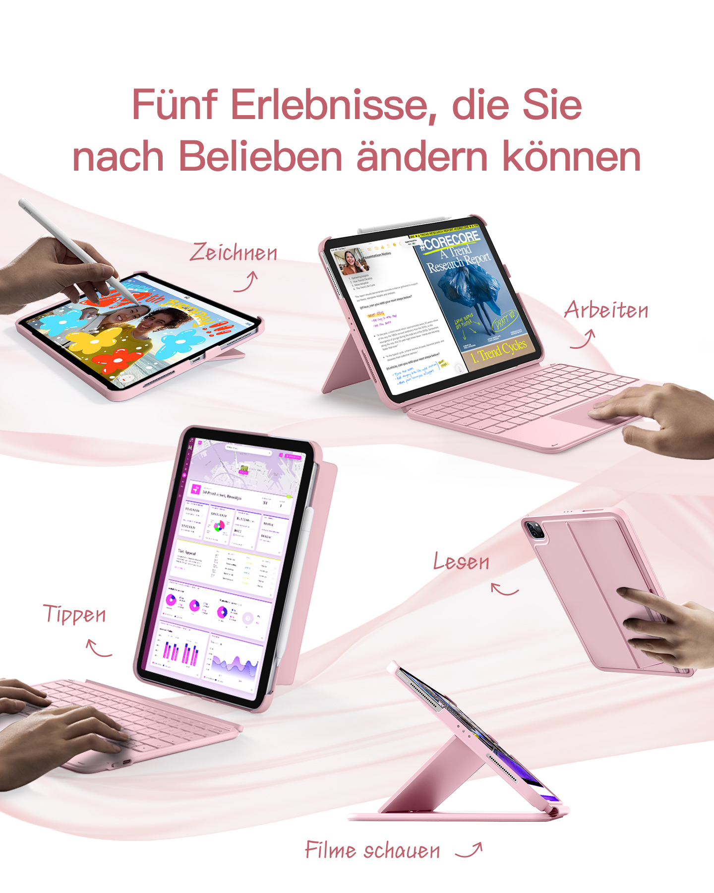 Verschiedene Anwendungen eines rosa Tablets mit Tastatur und Stift. Lesen, tippen, zeichnen und Filme schauen.